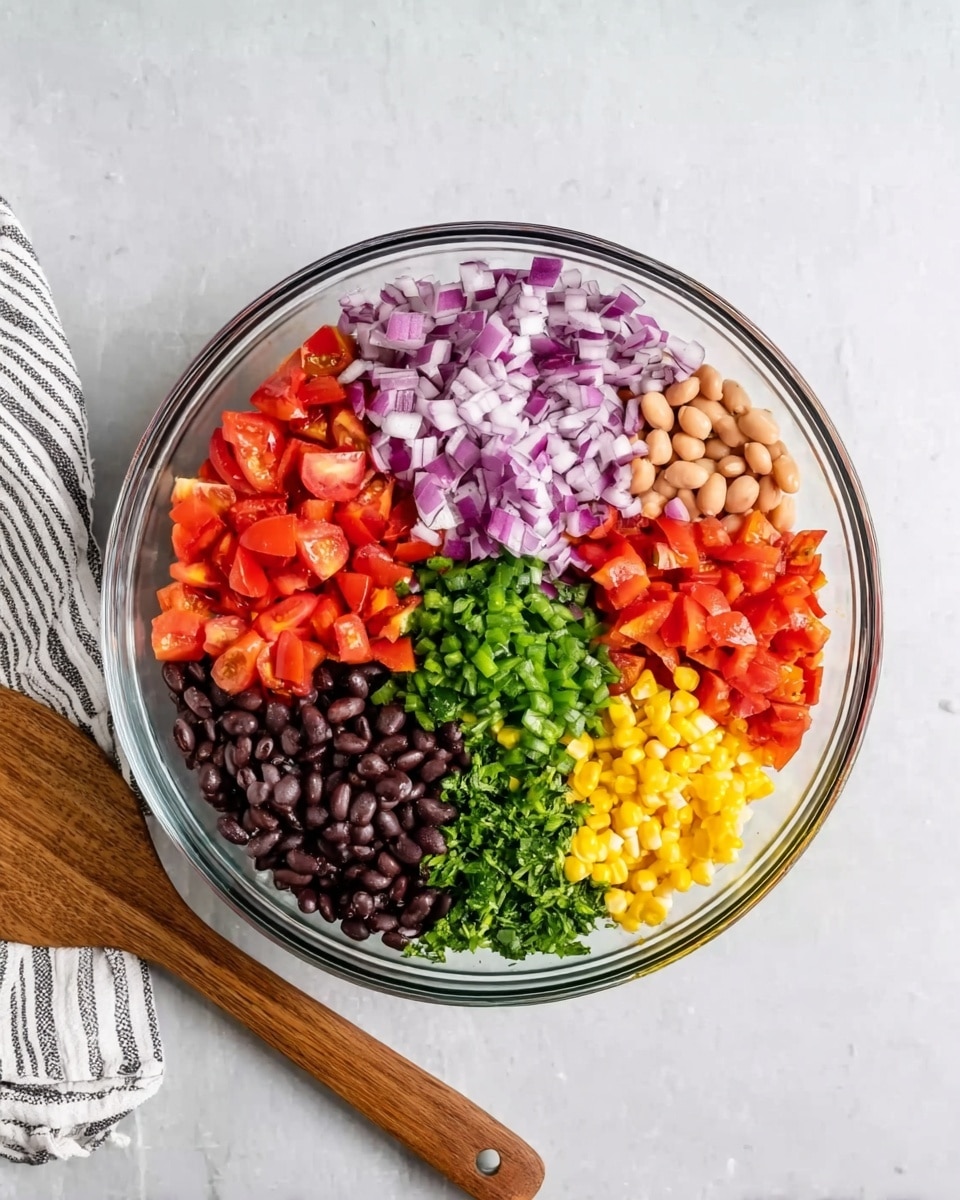 A clear glass bowl sits on a white marbled surface filled with seven bright and fresh layers of ingredients arranged side by side, not mixed. In the top middle is a pile of purple chopped onions, next to it on the right are light brown beans, followed by halved red cherry tomatoes. Beneath the tomatoes is a small heap of finely chopped green bell peppers, next to it on the left are black beans, then finely diced red bell peppers, and finally yellow corn on the far left. A wooden spatula lies to the right of the bowl and a white and gray striped cloth is seen in the bottom left corner. Photo taken with an iphone --ar 4:5 --v 7