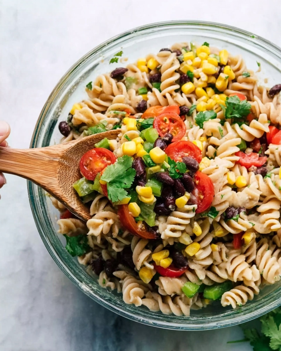The image shows a clear glass bowl filled with a colorful pasta salad. The salad has two layers primarily visible: the bottom layer made up of short, spiral pasta that is off-white with a smooth texture, and mixed within this layer are scattered pieces of bright yellow corn kernels, small black beans, and chopped green bell peppers. On top of these, there are vegetable pieces including halved cherry tomatoes, red bell pepper chunks, and bits of fresh green cilantro leaves. A wooden spoon is partly inside the bowl, scooping a mix of pasta and vegetables, held by a woman's hand. The bowl is set on a white marbled surface. Photo taken with an iphone --ar 4:5 --v 7