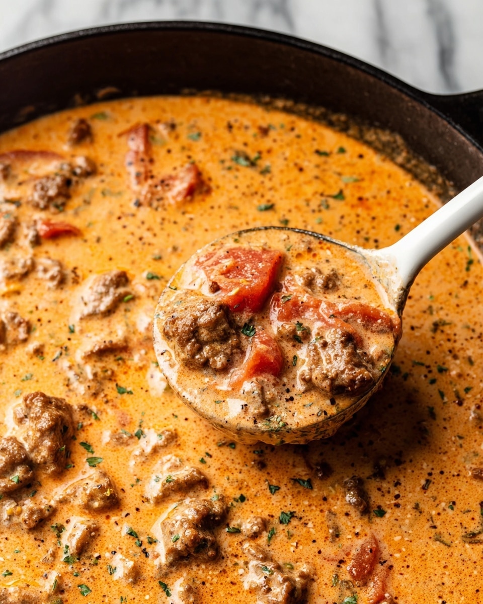 A close-up of a creamy orange sauce with small chunks of browned meat and soft pieces of red tomato mixed evenly throughout, showing a spoon scooping some of the sauce from a black skillet. The surface is speckled with small green herb bits and black pepper, and the creamy texture has slight bubbles and smooth swirls. The skillet is set on a white marbled background with a white spoon partially submerged in the sauce, lifting a scoop of the thick, rich mixture photo taken with an iphone --ar 4:5 --v 7