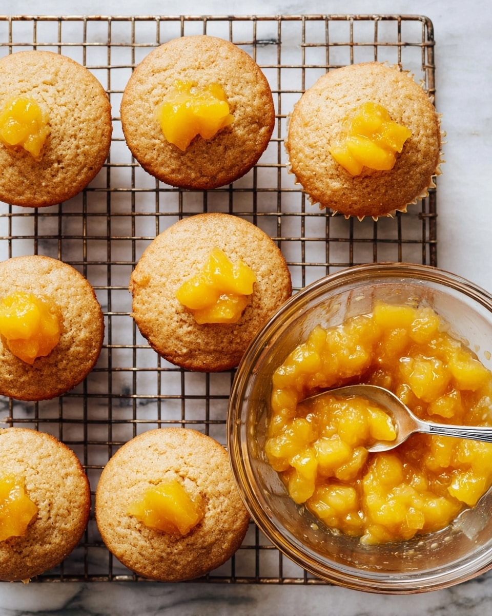 A cooling rack holds seven light brown muffins with a soft, slightly rough texture, each muffin topped in the center with a dollop of bright yellow-orange fruit filling that looks chunky and glossy. Next to the muffins, there is a clear glass bowl resting on the rack, filled with more chunky yellow-orange fruit filling, and a metal spoon lies inside the bowl. The whole scene is set on a white marbled surface that adds brightness to the image. photo taken with an iphone --ar 4:5 --v 7