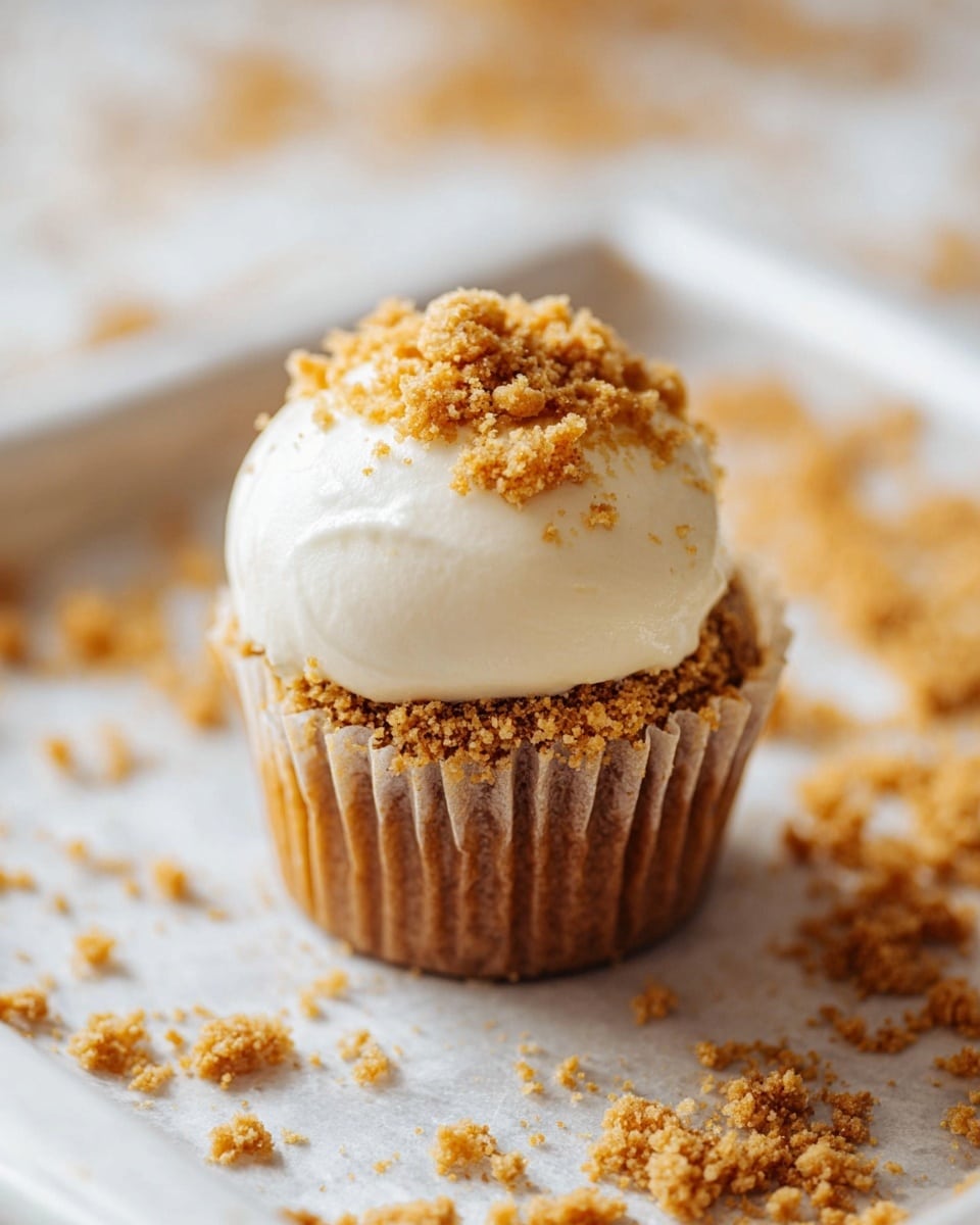 The image shows a single cupcake on a white tray with a white marbled texture background. The cupcake has three layers visible: the bottom paper wrapper layer is light brown and textured, the middle cake layer is a soft caramel brown, and the top layer is a smooth, thick white cream frosting. Around the edge of the frosting, there are small crumbly golden brown bits clinging to the cream. The tray surface is scattered with more crumbly golden brown crumbs spread loosely around the cupcake. The lighting is warm and soft, giving the cupcake a fresh and inviting look photo taken with an iphone --ar 4:5 --v 7
