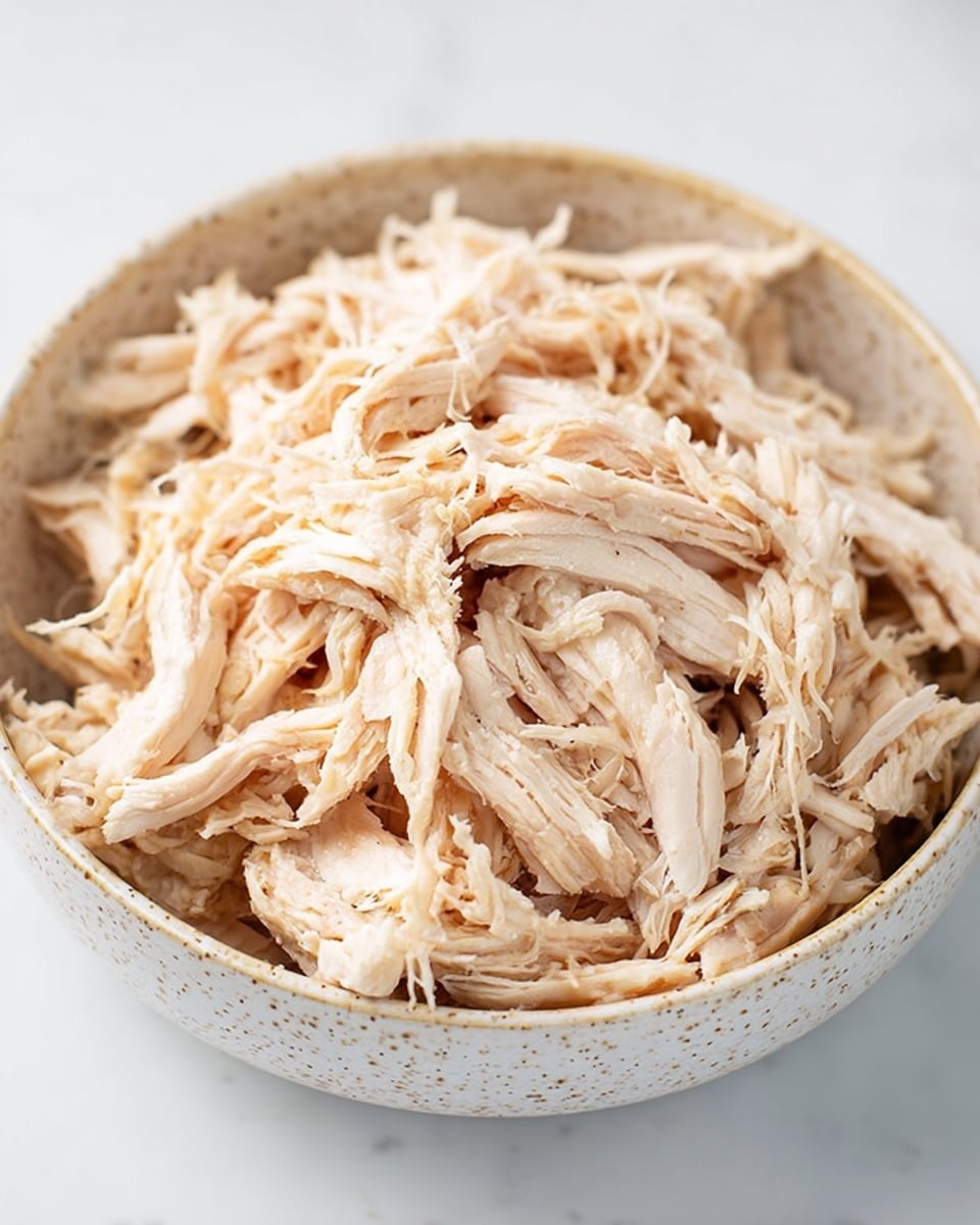 A bowl filled with a single layer of shredded cooked chicken, showing soft white and light brown meat strands with a slightly fibrous texture. The chicken fills the lightly speckled bowl, sitting on a white marbled surface. The close-up view focuses on the even distribution of the light-colored meat strands, with no other ingredients or layers visible. Photo taken with an iphone --ar 4:5 --v 7
