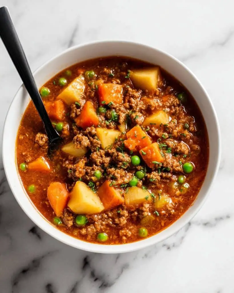 Hearty Hamburger Stew with Vegetables and Rich Tomato Broth Recipe