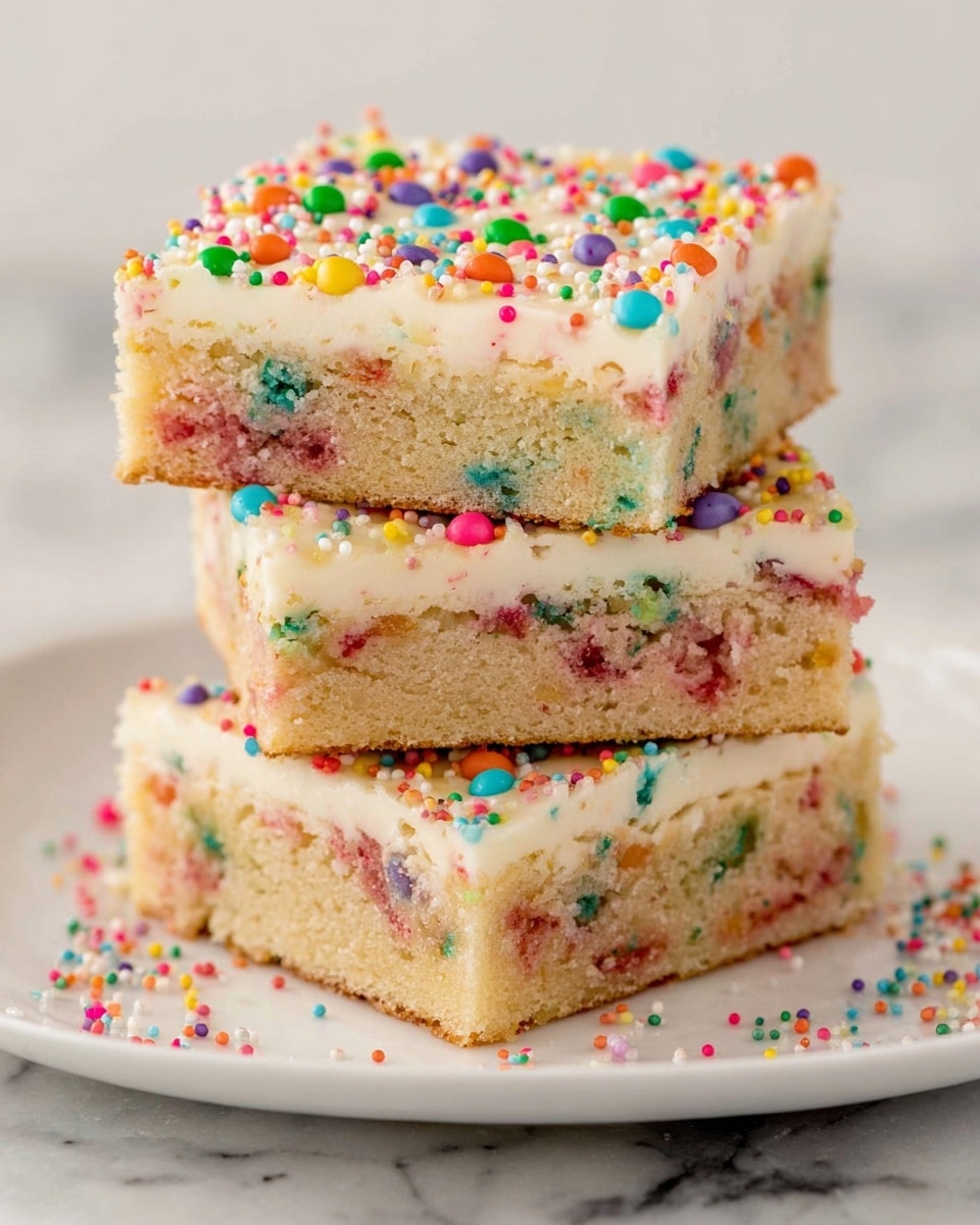 A stack of three thick square bars sits on a white plate, each bar showing two layers: the bottom layer is a soft, light beige cake with colorful sprinkles baked inside, and the top layer is a creamy white frosting sprinkled with many small, round, multicolored candy dots. The cake edges look slightly crumbly with a rough texture, while the frosting is smooth and thick, with sprinkles scattered on the plate and a white marbled surface in the background, photo taken with an iphone --ar 4:5 --v 7