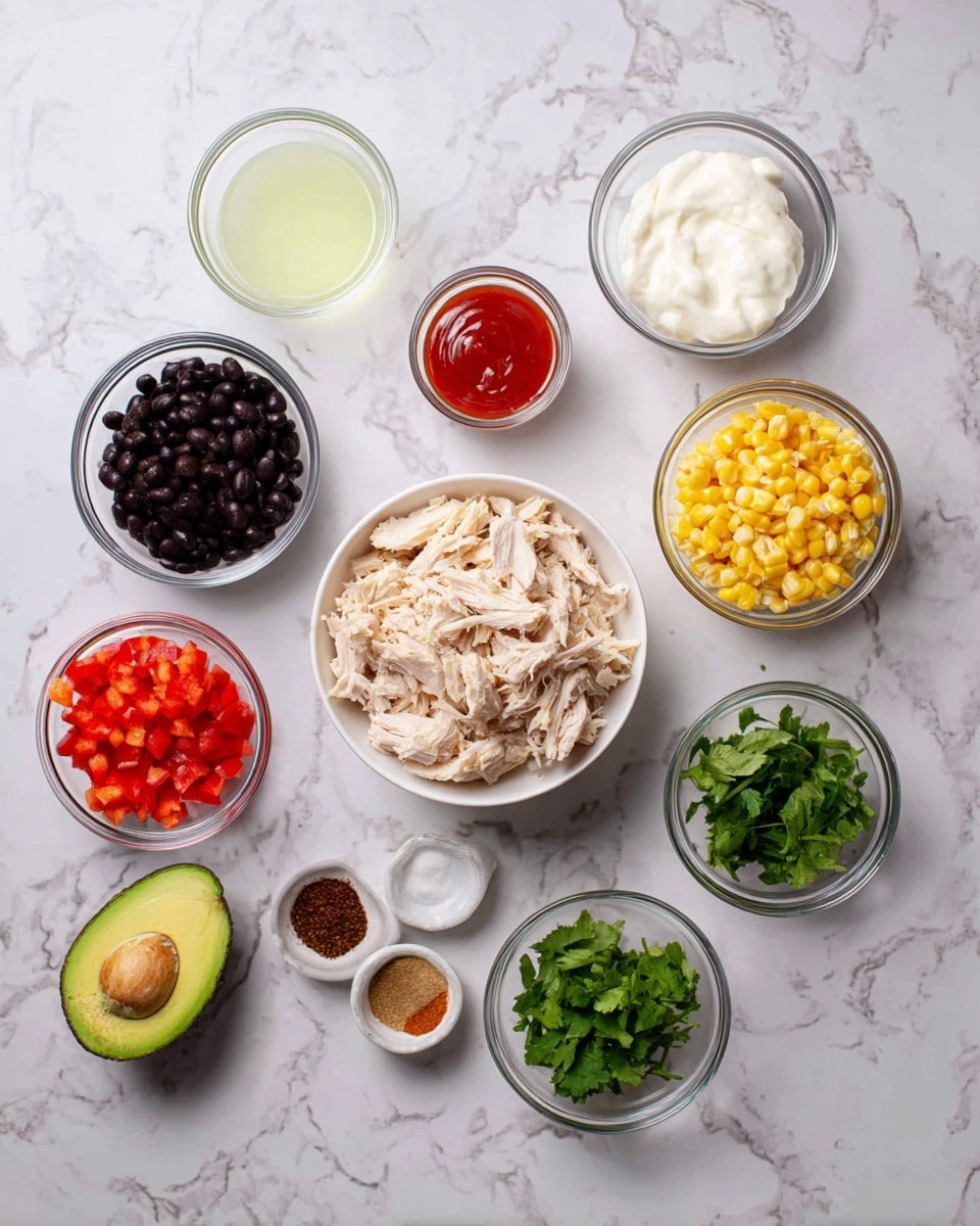The image shows a white marbled surface with nine glass bowls and half an avocado arranged neatly. At the center is a white bowl filled with shredded pale beige chicken. Surrounding it clockwise are: a small bowl with red sauce, a bowl with a light greenish-yellow liquid, a bowl of thick white yogurt or sour cream texture, a bowl of black beans, two avocado halves with visible grid marks, a small bowl with four different colored spices (red, brown, white, black), a bowl with bright red diced peppers, a bowl with chopped fresh green herbs, and a bowl of bright yellow corn kernels. The colors are bright and well-separated, showing fresh ingredients ready to be mixed. photo taken with an iphone --ar 4:5 --v 7