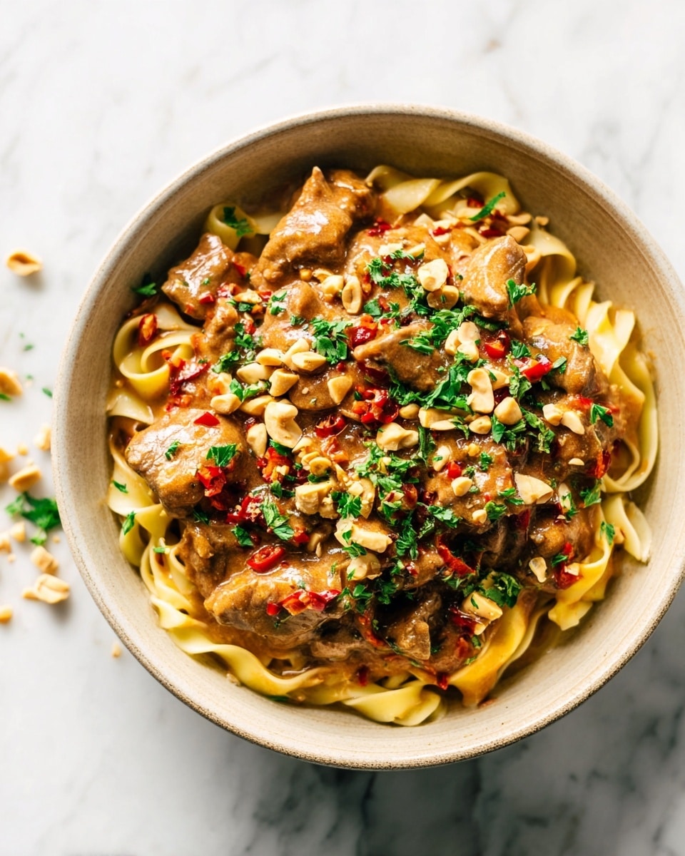 A beige bowl sits on a white marbled surface filled with a layered dish. The bottom layer is yellowish noodles, twisting and coiled closely together. On top of the noodles are pieces of light brown meat coated in a thick, slightly shiny sauce mixed with small chunks of red peppers. The dish is sprinkled with chopped green herbs and scattered chopped peanuts, adding texture and color contrast. Additional small pieces of peanuts and herbs are spread around the bowl on the surface. Photo taken with an iphone --ar 4:5 --v 7