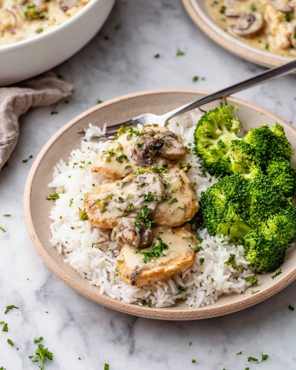 A beige plate sits on a white marbled surface, holding a serving of white rice as the base layer. On top of the rice are three pieces of lightly browned chicken, covered with a creamy sauce and small mushroom slices, sprinkled with chopped green herbs. To the right side of the plate, a bunch of bright green broccoli florets add a fresh pop of color. A silver fork rests at the edge of the plate, and in the background, a white bowl with more chicken in sauce is partially visible. photo taken with an iphone --ar 4:5 --v 7