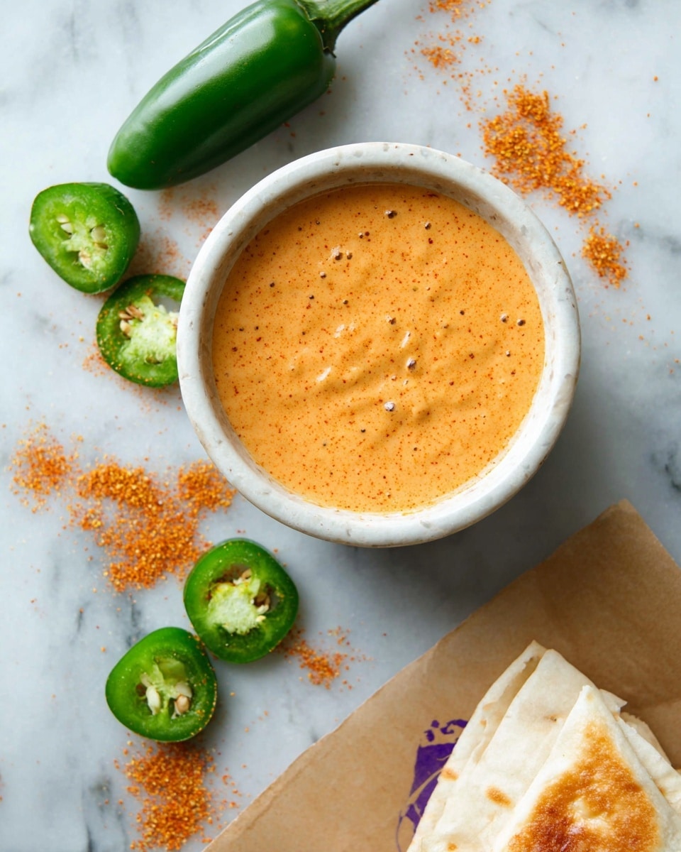 A white bowl filled with smooth, creamy, light orange sauce with a slightly speckled texture is centered on a white marbled surface. Around the bowl, there are several slices of green jalapeno pepper, showing their seeds and inner texture. Bright orange spice powder is scattered around the bowl and peppers. In the bottom right corner, a white folded flatbread with a golden brown toasted side is partially visible. A brown paper wrapper with purple print lies next to the flatbread. Photo taken with an iphone --ar 4:5 --v 7