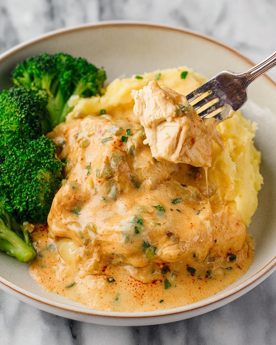 The image shows a white plate with three layers: a base of soft yellow mashed potatoes topped with pieces of light brown chicken covered in a creamy, light orange sauce with green herb bits mixed in. On one side of the plate, there are bright green broccoli florets. A silver fork is lifting a piece of chicken from the dish. The plate is placed on a white marbled surface. Photo taken with an iphone --ar 4:5 --v 7