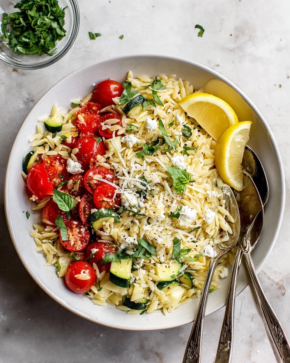A white bowl filled with three layers: the bottom layer is a bed of pale yellow orzo pasta, the middle layer has bright red halved cherry tomatoes and small pieces of light green zucchini scattered evenly, and the top layer includes crumbled white cheese, thin shredded dark green basil leaves, and a sprinkle of black pepper, with two lemon wedges placed on the right edge of the bowl; two silver spoons rest on top of the dish, and the bowl sits on a white marbled surface with a small glass bowl of chopped green herbs partially visible in the top left corner; photo taken with an iphone --ar 4:5 --v 7