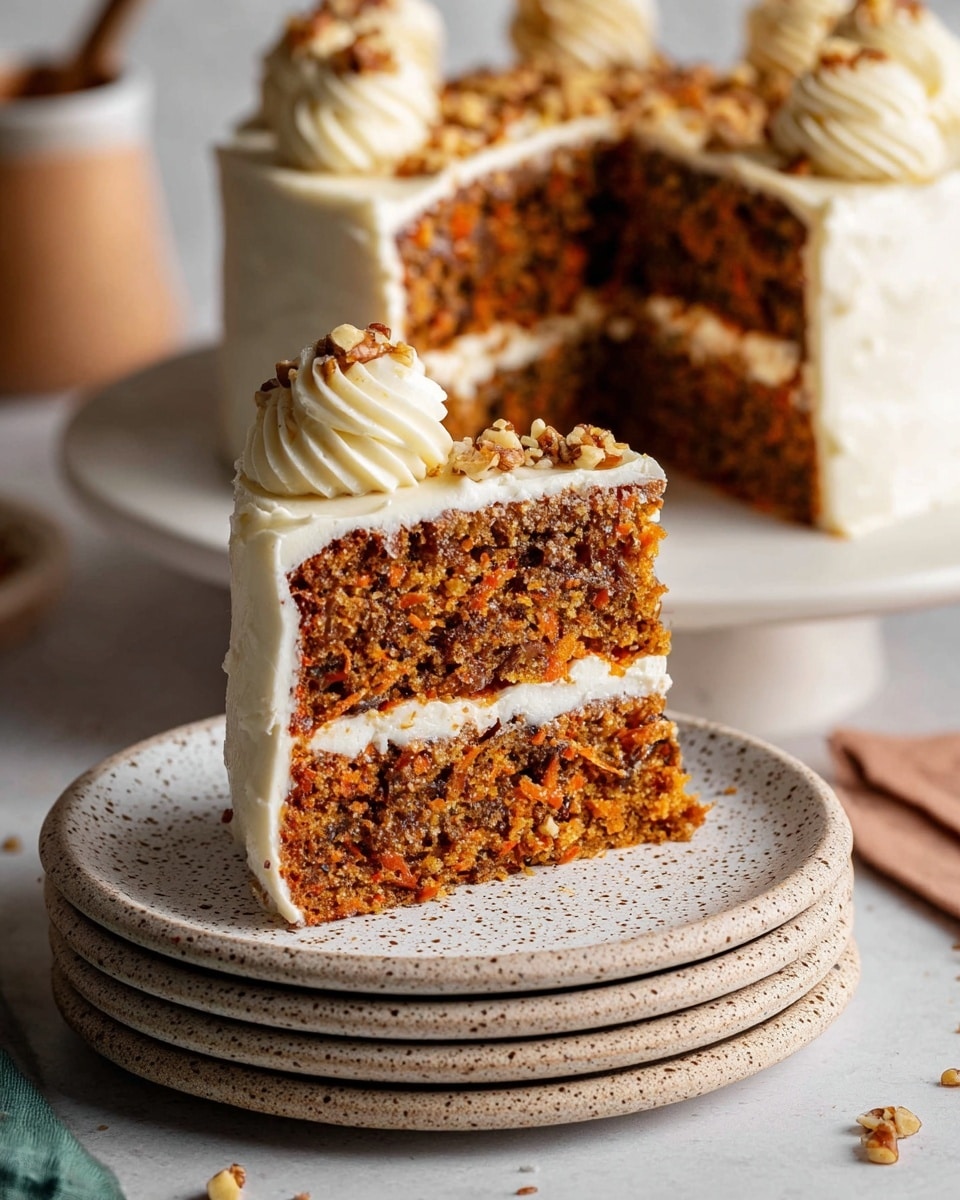 This image shows a slice of two-layer carrot cake on a white speckled plate resting on a stack of similar plates. Each layer of the cake is brown with visible bits of carrot and nuts, separated by a thick white creamy frosting layer. The top of the slice has a smooth white frosting layer decorated with two swirled dollops of frosting and small chopped nuts scattered around. In the background, part of the remaining cake with the same coloring and frosting is visible on a white plate, all set on a white marbled table surface. Photo taken with an iphone --ar 4:5 --v 7