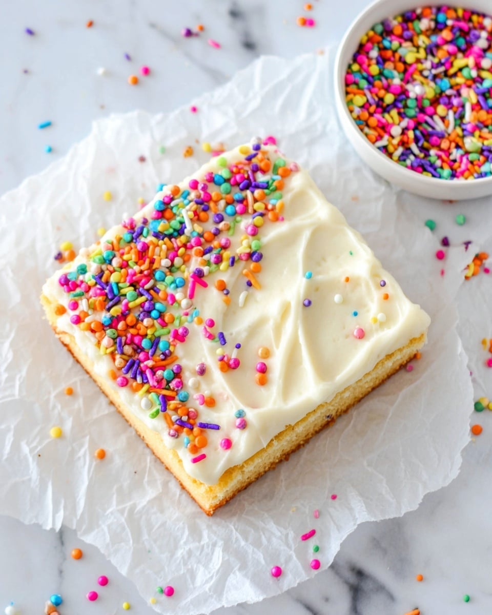 A single square slice of light golden cake is topped with a thick, creamy layer of white frosting spread unevenly with visible swirls. The edges of the frosting are decorated with a colorful mix of round and rod-shaped sprinkles in bright colors like pink, orange, yellow, green, blue, purple, and white. The cake rests on crumpled white parchment paper over a white marbled surface. To the right, a small white bowl is filled with more rainbow sprinkles, with some scattered around. photo taken with an iphone --ar 4:5 --v 7