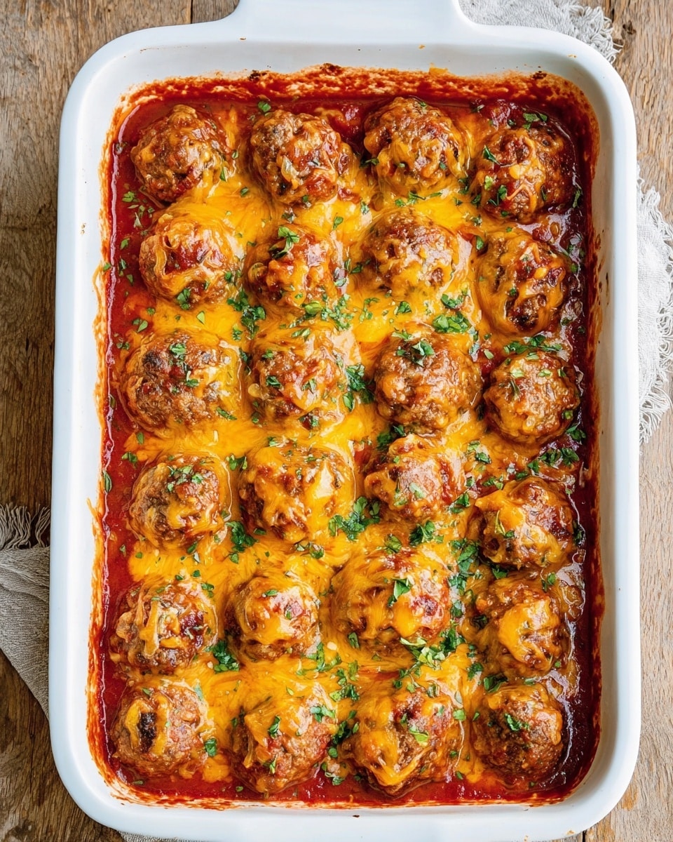 A white rectangular baking dish holds 20 round, browned meatballs arranged in tight rows, each covered with a layer of melted orange-yellow cheese that is slightly bubbly and shiny. The meatballs sit in a deep red tomato sauce that fills the dish, with some sauce thickly coating the sides of the dish. On top of the meatballs and cheese, there are small pieces of green herbs sprinkled evenly, adding a fresh touch. The dish is placed on a wooden surface that in the prompt is changed to a white marbled texture. photo taken with an iphone --ar 4:5 --v 7