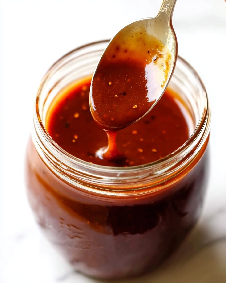 A close-up image of a glass jar filled with dark reddish-brown smooth sauce with tiny black specks inside. A silver spoon is held above the jar by a woman's hand, scooping some of the glossy sauce, showing its thick but flowing texture. The background is a white marbled texture. photo taken with an iphone --ar 4:5 --v 7