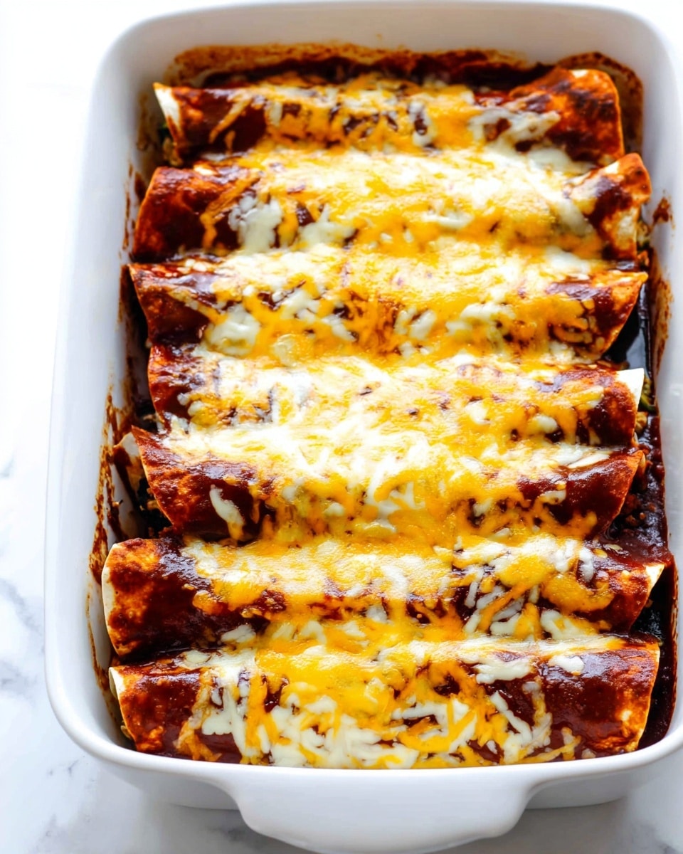 The image shows a close-up of a white baking dish filled with four rolled tortillas layered side by side, each covered in a rich, dark reddish-brown sauce. The top is covered with melted yellow and white cheese, melted unevenly, forming a gooey topping with some crispy edges around the baking dish. The layers visible inside the tortillas include a dark filling that contrasts with the light tortilla color. The dish is set on a white marbled surface. photo taken with an iphone --ar 4:5 --v 7