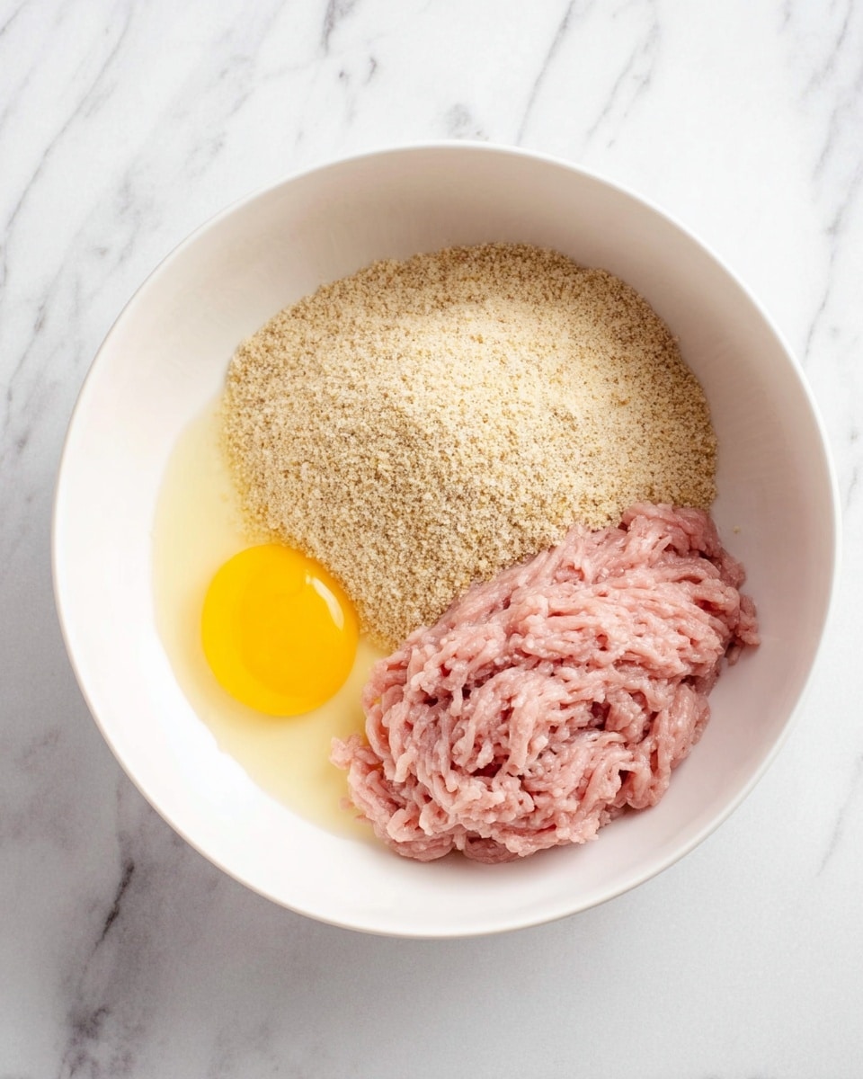 In a white bowl, there are three main layers of ingredients. On the left side, an unbroken yellow egg yolk with clear egg white surrounds it. To the right of the yolk, there is a mound of light beige breadcrumbs with a grainy texture that fill the upper right half of the bowl. Below the breadcrumbs, on the lower right side, there is light pink ground meat, loosely piled with soft and stringy texture. The bowl is placed on a white marbled surface. photo taken with an iphone --ar 4:5 --v 7