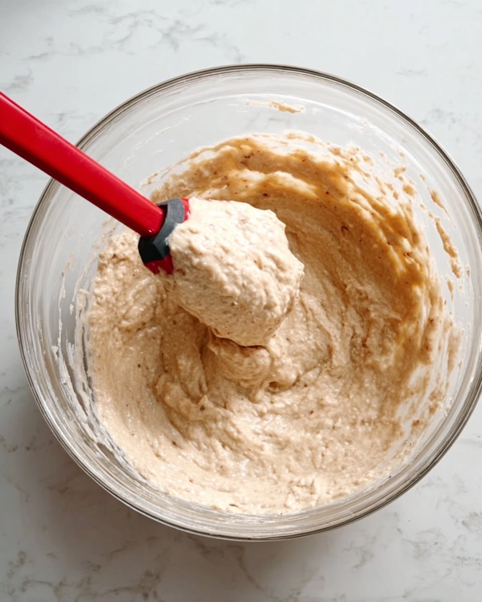 A clear glass bowl sits on a white marbled surface, filled with a thick, creamy batter that is light beige with small darker specks throughout. A red and black spatula is partially submerged in the batter, holding a rounded scoop of it above the rest. The batter has a slightly rough, bubbly texture, showing it is well-mixed but still thick and sticky. The image is bright and clear, highlighting the smooth yet textured surface of the batter. photo taken with an iphone --ar 4:5 --v 7
