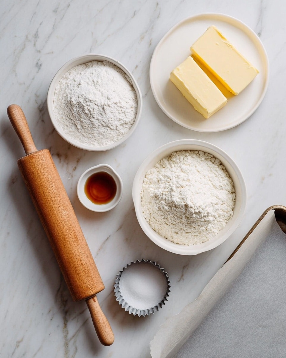 The image shows baking ingredients and tools arranged on a white marbled surface. There is a white plate with two sticks of pale yellow butter at the top right. Below it, a white bowl filled with white flour sits near the bottom center. To the left of the flour bowl, there is a smaller white bowl full of fine white powdered sugar. Above the powdered sugar is the wooden rolling pin with a smooth texture. A small white ramekin with light brown vanilla extract is positioned below the powdered sugar. At the center right, a silver round cookie cutter with a fluted edge lies on the surface. In the bottom right corner, a baking tray lined with parchment paper completes the arrangement. photo taken with an iphone --ar 4:5 --v 7
