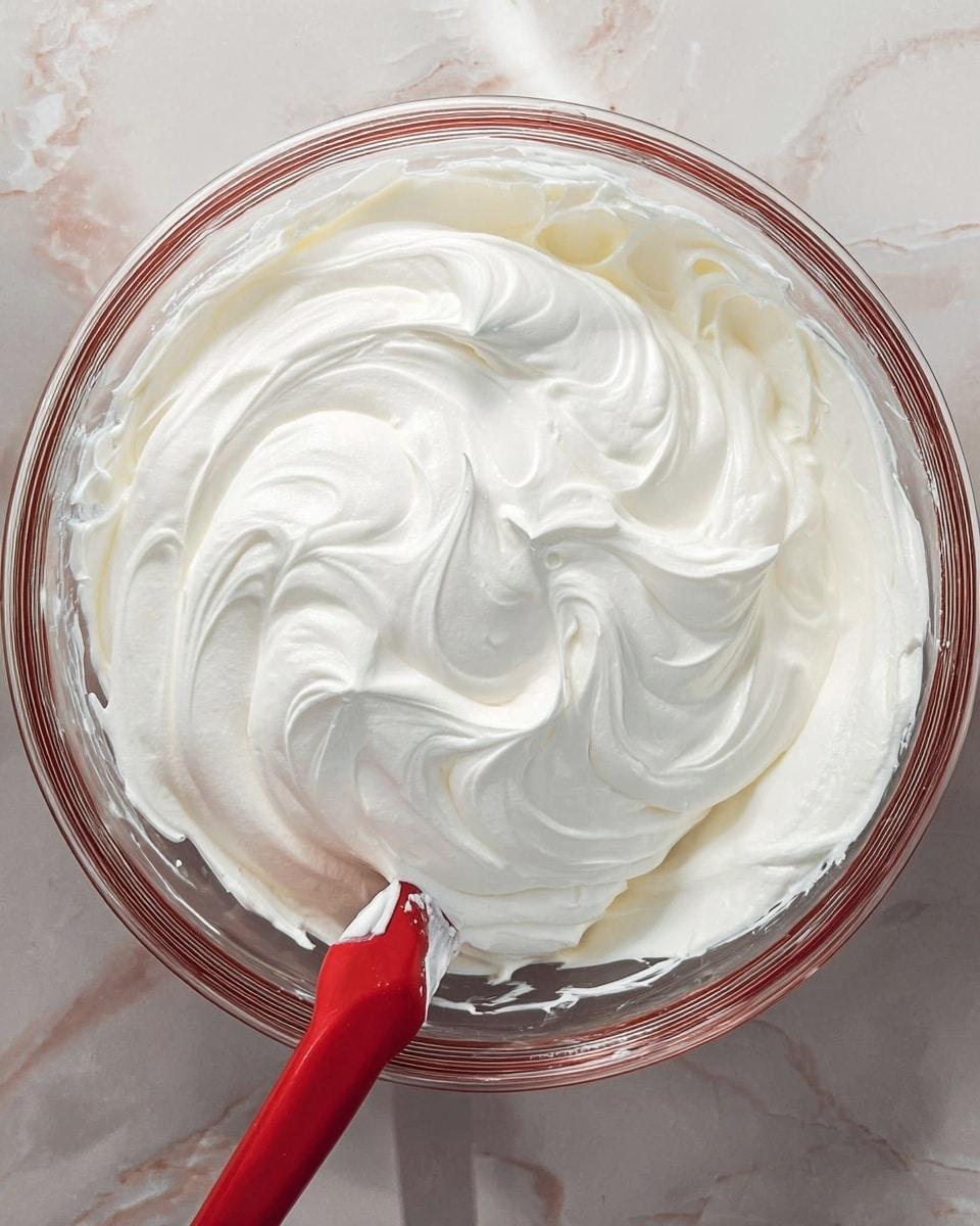 A clear glass bowl filled with thick, smooth, white whipped cream showing soft swirls and peaks on the surface, with a red spatula partly submerged into the cream from the bottom of the frame, all set on a white marbled surface. photo taken with an iphone --ar 4:5 --v 7