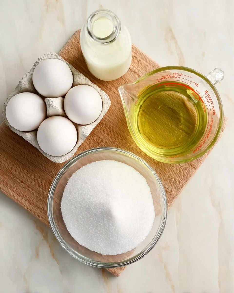 A clear glass bowl filled with white granulated sugar sits on a white marbled surface, positioned in the lower part of the image. Above it and slightly right is a clear glass measuring cup filled with light yellow oil. To the left of the oil is a small glass bottle filled with milk. To the left side of the image, there is a carton holding five white eggs. All items are arranged on a natural light brown wooden board placed on the white marbled surface. photo taken with an iphone --ar 4:5 --v 7