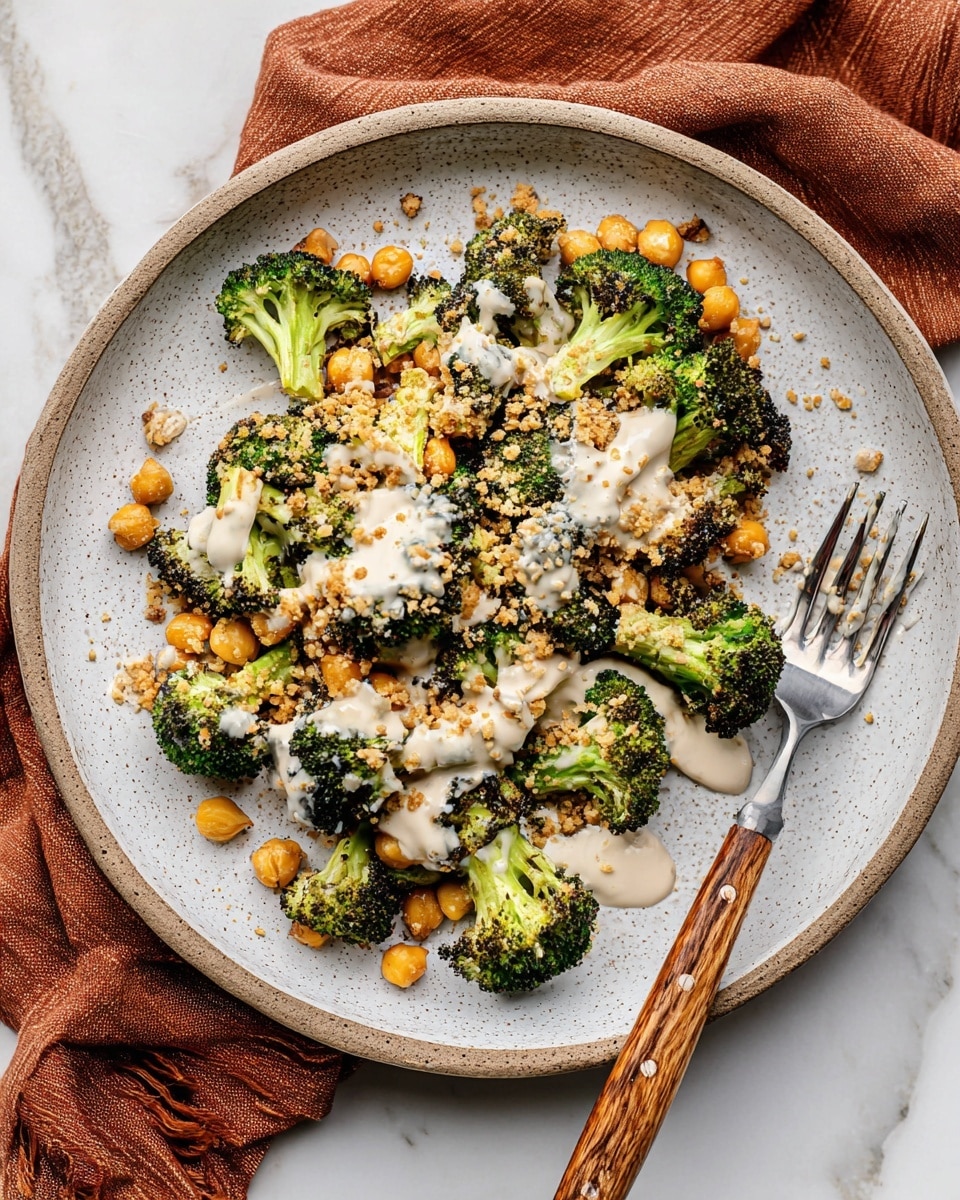 A white speckled round plate holds a mix of roasted green broccoli florets and light golden chickpeas, spread in a loose layer. The broccoli has a slightly crisp texture with some charred edges. Creamy pale beige sauce is drizzled unevenly over the top, adding a smooth contrast. Crumbled light breadcrumbs are sprinkled throughout, giving a rough texture. A fork with a wooden handle rests diagonally on the plate’s right side, partly beneath the vegetables. The plate sits on a white marbled surface, with a rust-colored cloth napkin partially visible underneath. Photo taken with an iphone --ar 4:5 --v 7