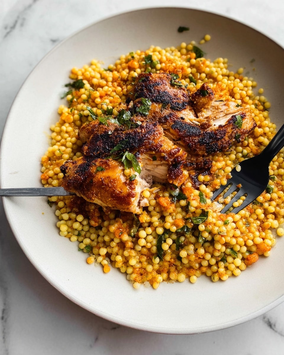 A white round plate holds two layers: the bottom layer is a bed of small yellow couscous mixed with orange grated carrots and small green herb pieces, spread evenly across the plate with a slightly shiny texture; the top layer features a grilled piece of brown chicken with charred spots and some green herbs on it, positioned slightly off-center; a black fork and knife are partially placed on the right side of the plate with the black fork piercing the chicken, all on a white marbled surface photo taken with an iphone --ar 4:5 --v 7