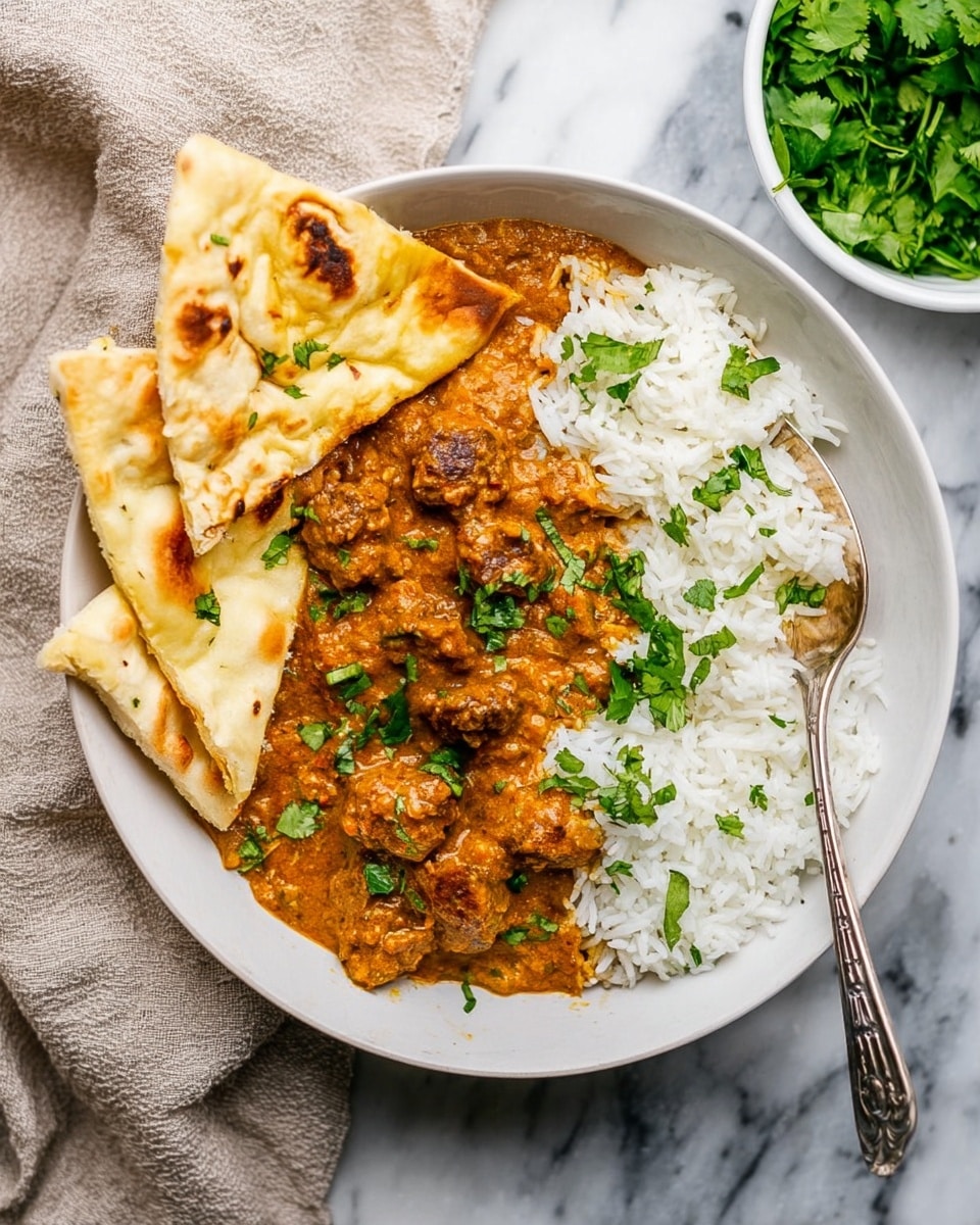 A white bowl holds three main layers: a bottom layer of fluffy white rice, a middle layer of thick orange-brown curry with visible chunks of meat and small green cilantro leaves scattered on top, and a top layer consisting of two triangular pieces of pale naan bread with light brown toasted spots and bits of chopped green herbs. A silver spoon rests in the rice on the right side of the bowl. The bowl sits on a white marbled surface, next to a small white dish filled with fresh cilantro leaves. A beige cloth is partially visible behind the bowl. Photo taken with an iphone --ar 4:5 --v 7