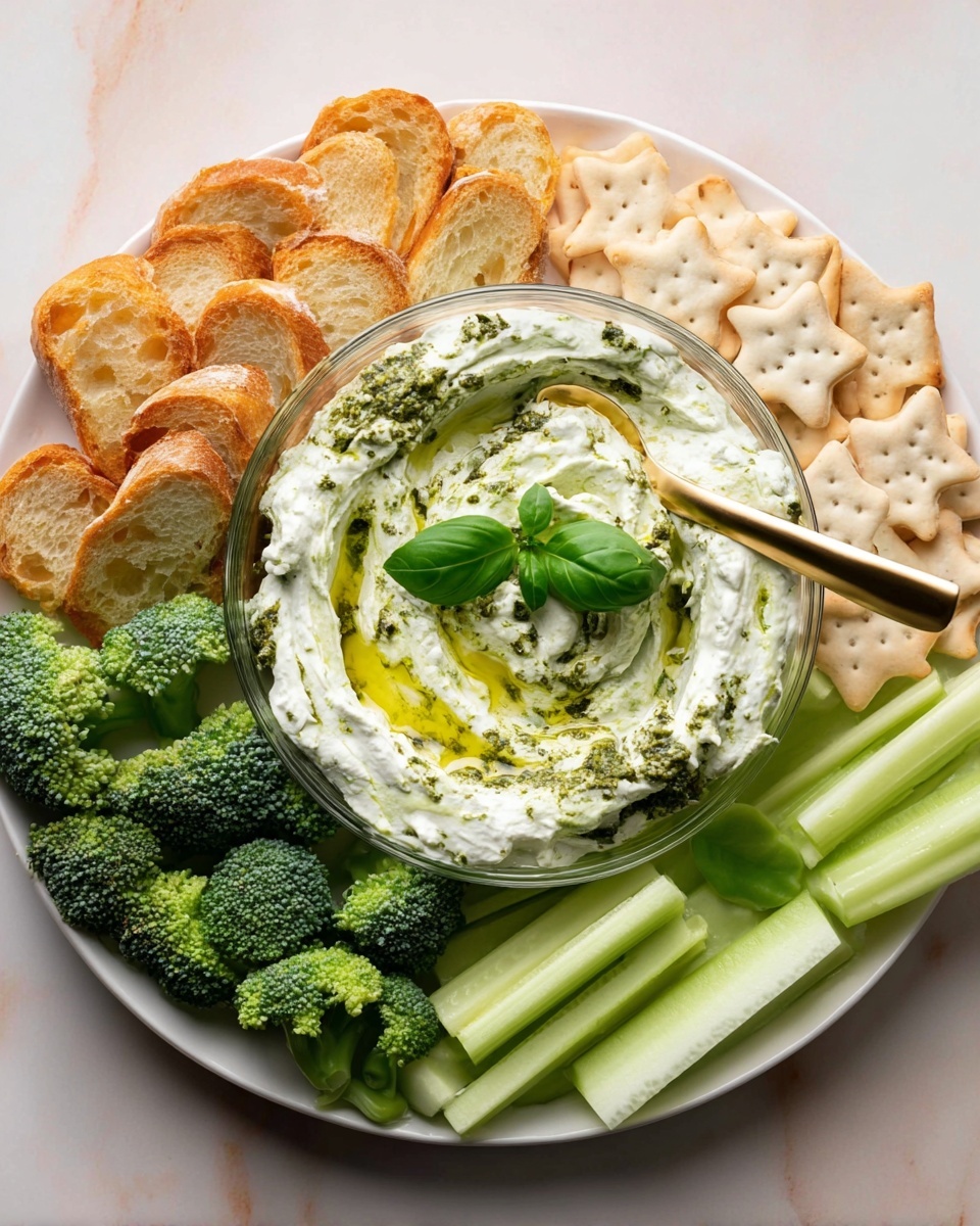 A white round plate with a clear glass bowl in the center filled with creamy white dip swirled with green pesto and olive oil, topped with two fresh green basil leaves and a gold spoon inside. Around the bowl are four layers: on the top left, golden toasted baguette slices; top right, star-shaped light beige crackers; bottom left, bright green broccoli florets; bottom right, long sticks of pale green celery and cucumber. The plate rests on a white marbled surface photo taken with an iphone --ar 4:5 --v 7
