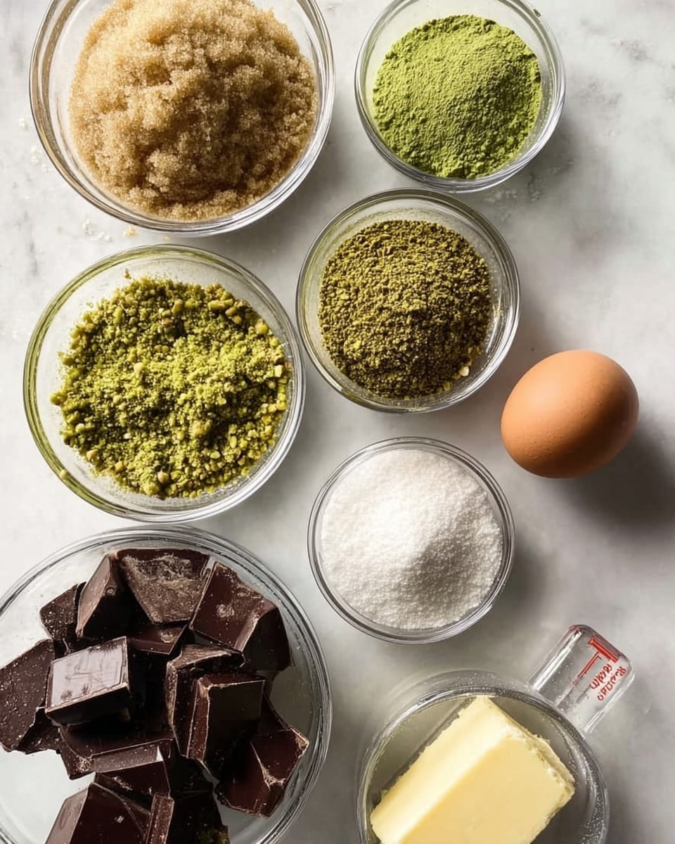 The image shows several small clear glass bowls arranged on a white marbled surface, each containing different ingredients. Starting from the top left, there is a bowl filled with light brown sugar with a crumbly texture, next to it on the right is a bowl with bright green matcha powder. Below these, there is a bowl with a chunky green paste, likely pistachio. Below it to the left is a bowl filled with finely ground green powder, pistachio dust. To the right is a small bowl with white granulated sugar beside an uncracked brown egg sitting directly on the surface. A measuring cup filled with large chunks of dark brown chocolate is positioned below the egg, and a large clear bowl with a soft yellow block of butter is at the bottom left. The composition is neat, all bowls are transparent, and the background is a clean white marble. Photo taken with an iphone --ar 4:5 --v 7