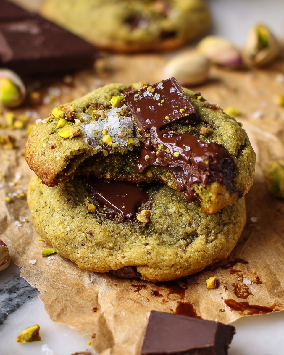 A close-up view of two greenish-brown cookies stacked, with the top cookie partially broken to show melted dark chocolate inside. The cookies have a rough texture with small crumbs and a sprinkle of crushed pistachio nuts on top. Large chunks of glossy dark chocolate sit on the cookie's surface, surrounded by scattered pieces of pistachio and flakes of sea salt. The dessert rests on a crumpled piece of parchment paper that shows some chocolate smudges. In the background, blurred larger pieces of dark chocolate and pistachio nuts are visible. The scene is set on a white marbled surface. Photo taken with an iphone --ar 4:5 --v 7