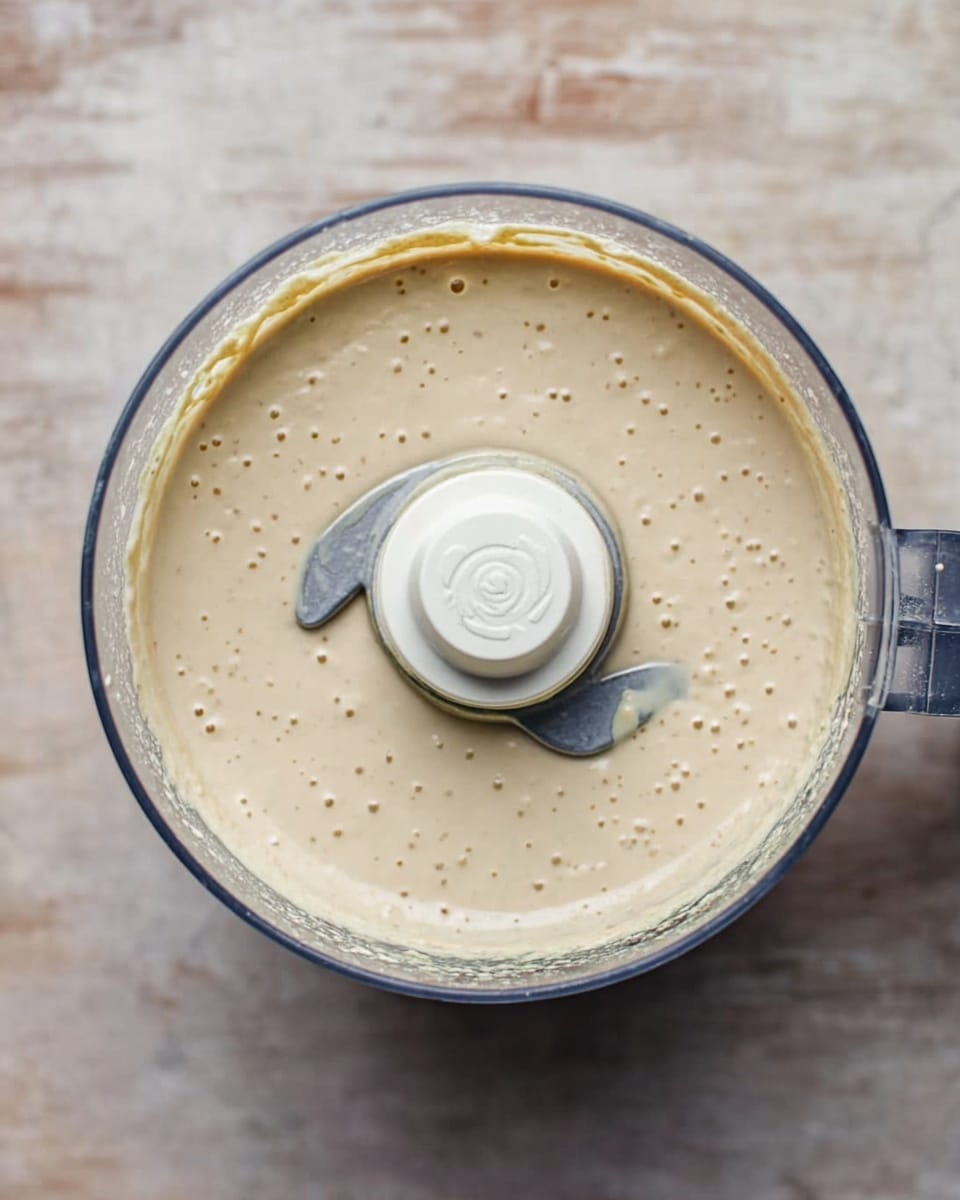 Top view of a clear food processor bowl filled with a smooth, creamy, light beige mixture. The mixture has small bubbles on the surface, showing a soft texture. At the center, a white round blade holder with a sharp gray blade is visible, half-covered by the mixture. The food processor sits on a white marbled surface. photo taken with an iphone --ar 4:5 --v 7