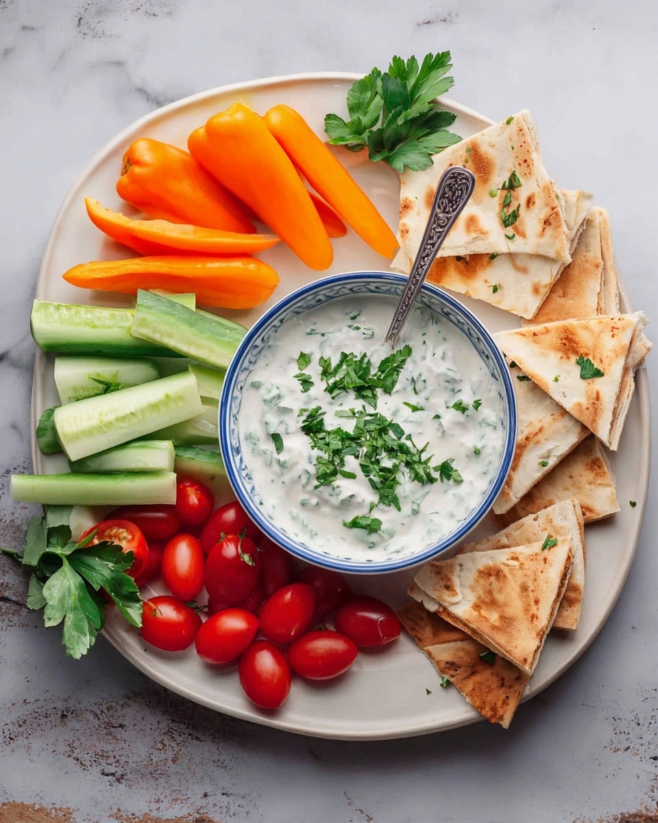 A white oval plate shows fresh food neatly arranged in sections. On the left side, there are three bright orange mini bell peppers at the top, below them are light green cucumber sticks cut into thick pieces, and at the bottom are halved red cherry tomatoes, showing their juicy inside. To the right of these vegetables is a white bowl with a blue rim, filled with creamy white sauce mixed with green herbs, garnished with chopped parsley on top. A small spoon with a patterned handle rests inside the bowl. Next to the bowl on the far right side are several triangular pieces of toasted pita bread, slightly browned and stacked neatly. Some parsley leaves decorate the plate edges. The plate sits on a white marbled surface photo taken with an iphone --ar 4:5 --v 7