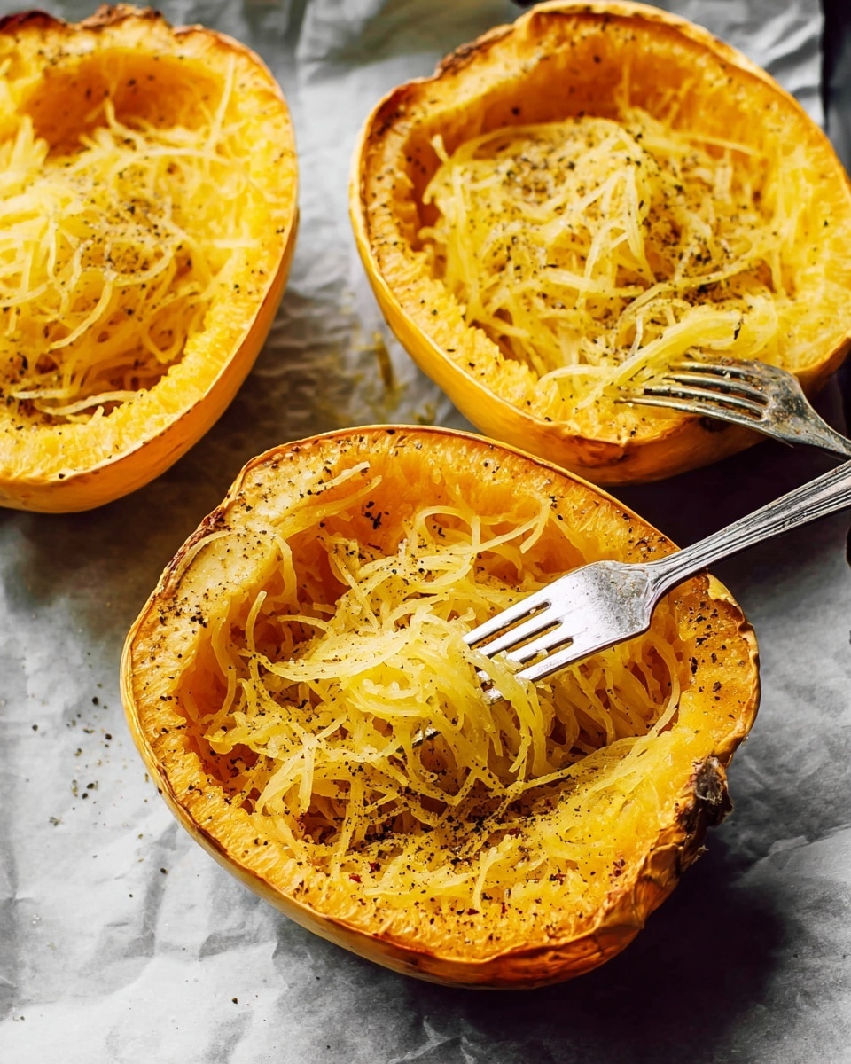 The image shows four halves of a baked spaghetti squash placed on a white marbled surface with a piece of parchment paper underneath. Each squash half has a bright orange-yellow outer shell with a smooth texture and a hollow center filled with stringy, pale yellow spaghetti-like strands. Two forks are inside the squash halves, one fork actively lifting some of the strands in the front, while the other rests in the back half. The strands are sprinkled with black pepper and coarse salt, adding texture and contrast. The overall look is warm and inviting, highlighting the natural texture of the squash strands. Photo taken with an iphone --ar 4:5 --v 7
