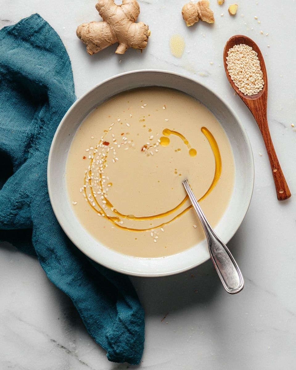 A white bowl filled with creamy light beige soup with a smooth texture is centered on a white marbled surface. On top of the soup, thin lines of golden oil swirl across the surface, adding a shiny contrast. Small white sesame seeds are scattered gently on the soup as a garnish. A silver spoon rests inside the bowl, partly filled with the soup and small drips visible on its edge. To the side, there is a wooden spoon with white sesame seeds and fresh ginger root pieces, along with a teal cloth for added color in the composition. photo taken with an iphone --ar 4:5 --v 7