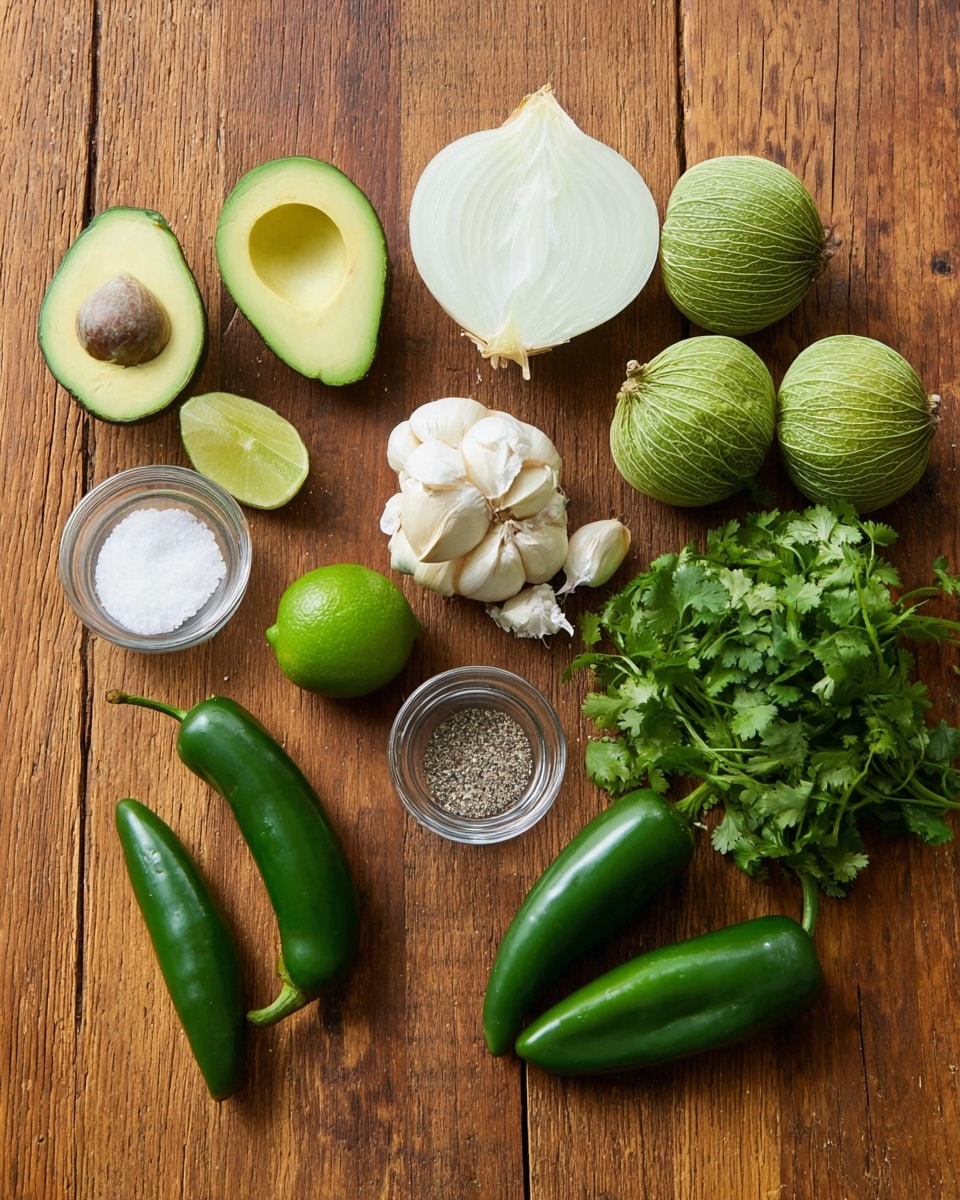 A wooden table with fresh ingredients neatly arranged on it: two avocado halves with smooth green flesh, a halved lime showing its juicy inside, three whole green tomatillos with their papery husks, a quarter of a white onion with layered rings visible, three green jalapeño peppers with a shiny surface, three garlic cloves with white skins, a small bunch of fresh cilantro with green leaves and stems, and a small clear glass bowl holding salt and black pepper. The scene is well-lit and clear. Photo taken with an iphone --ar 4:5 --v 7
