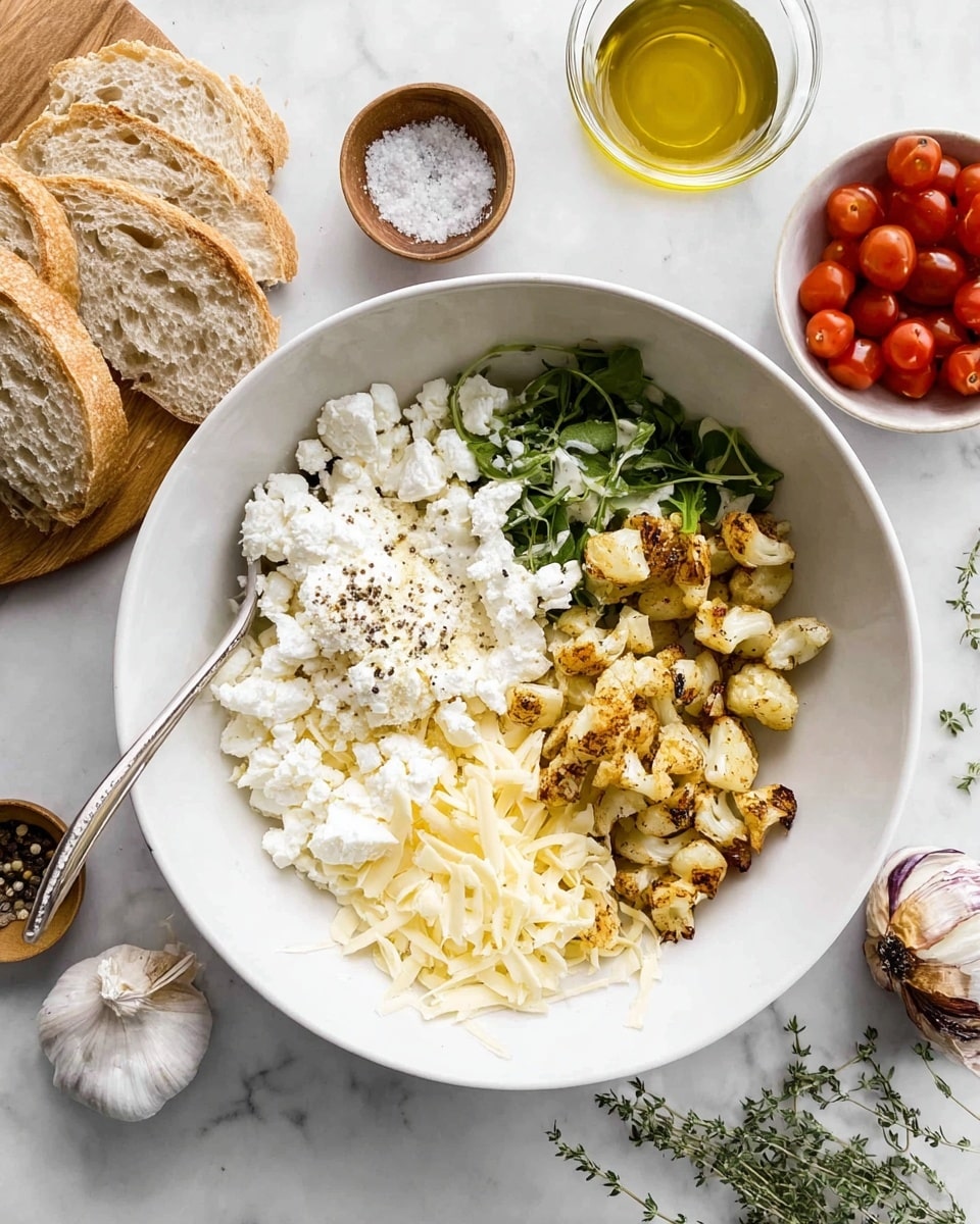 A large white bowl sits on a white marbled surface, filled with four main layers of ingredients arranged in separate sections: crumbled white cheese, a small pile of light yellow shredded cheese, roasted garlic nuggets with a golden brown color, and fresh green herb leaves topped with a little black pepper. A silver fork rests inside the bowl, leaning on the roasted garlic. Around the bowl are a wooden board on the left holding sliced bread, a small wooden bowl with coarse salt, a small wooden bowl with cracked black pepper, a glass bowl of olive oil with a spoon inside it placed at the upper right, a small white bowl of red cherry tomatoes at the top edge, and a halved roasted garlic bulb with browned cloves at the bottom right. A sprig of fresh green thyme lies near the bottom edge. photo taken with an iphone --ar 4:5 --v 7