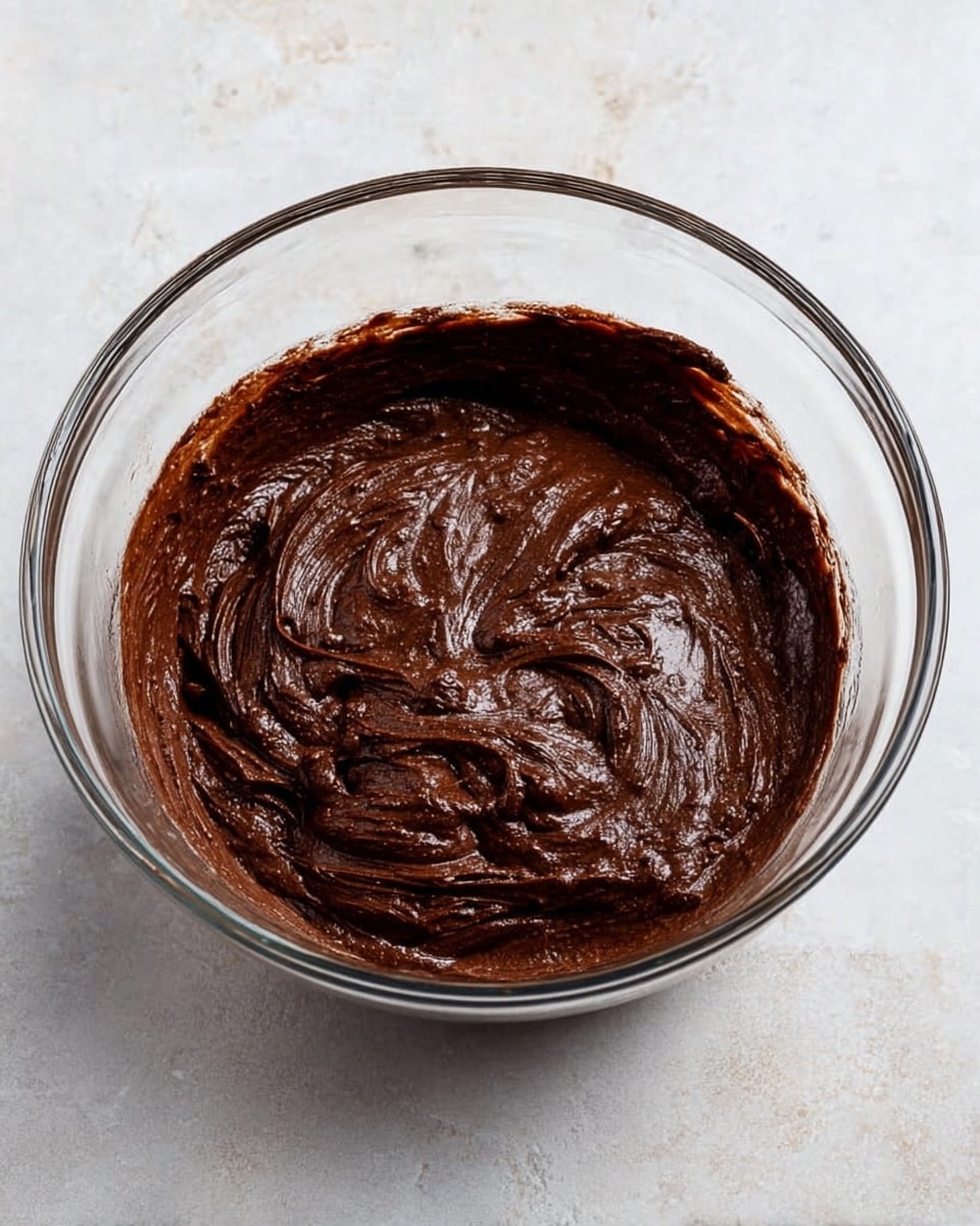 A clear glass bowl sits on a white marbled surface, filled with a thick, dark brown chocolate batter that has a shiny and slightly textured surface, appearing rich and smooth with small swirls and folds visible across the top, filling about half the bowl's depth. photo taken with an iphone --ar 4:5 --v 7