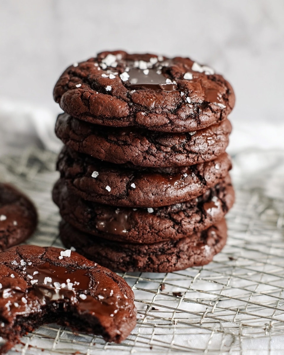 A stack of five thick dark brown chocolate cookies with a cracked surface sits on a silver cooling rack over a white marbled texture. The cookies have chunks of dark chocolate embedded on top and are sprinkled with white flaky sea salt. One cookie is placed flat behind the stack, and another cookie is broken with a piece missing in the lower left corner, also showing chocolate chunks and salt on top. The overall look is rich and textured, with a close-up view emphasizing the rough surface of the cookies. Photo taken with an iphone --ar 4:5 --v 7