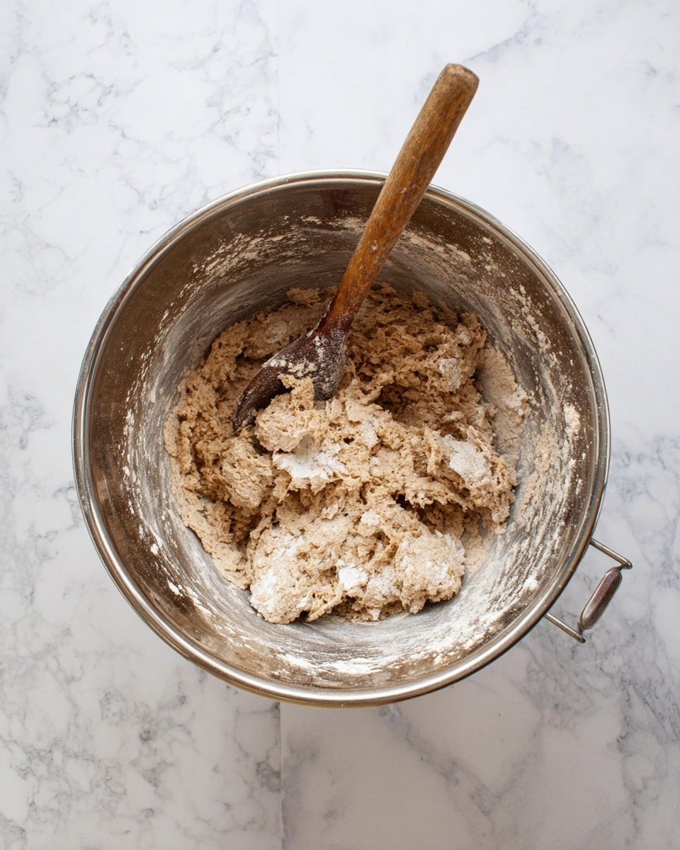 A silver mixing bowl sits on a white marbled surface, filled with a rough, uneven dough mixture that is light brown with patches of flour still visible on top and clinging to the bowl's sides. A wooden spoon with a worn texture is resting inside the bowl, partly stuck in the dough. The dough has a thick, chunky look with clumps of dry and wet parts not fully blended together. The overall scene shows the early stage of mixing ingredients for baking. Photo taken with an iphone --ar 4:5 --v 7