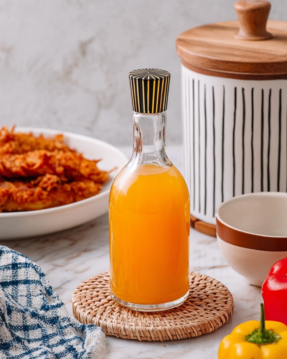 A clear glass bottle filled with bright orange liquid sits in the center on a woven coaster. The bottle has a black and gold spout with vertical lines around the neck. In the background, on the left side, a white plate holds crispy fried food with a golden brown texture. On the right side, there is a large white container with black vertical pattern lines and a wooden lid with a handle. Below this container is a white bowl with a brown outside edge. Bright yellow and red peppers sit on the bottom right corner of the frame. The setting is on a white marbled surface with a blue and white checkered cloth partially visible on the left side. photo taken with an iphone --ar 4:5 --v 7