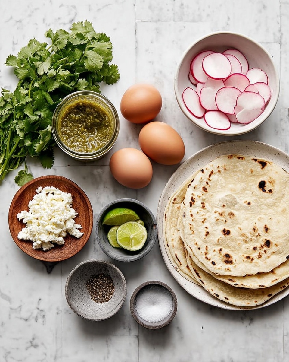 The image shows a collection of ingredients laid out on a white marbled tiled surface. On the left, there is a bunch of fresh cilantro. Next to it is a white bowl with thin, round slices of pink radish, and below that is a white bowl holding three brown eggs. Towards the center, a small wooden plate holds crumbled white cheese. Next to it, there is a small glass jar filled with green salsa, and above the jar is a small wooden bowl with ground black pepper. To the right of the jar, a small dark grey bowl contains lime wedges, and below that, a similar small bowl holds white salt. On the far right, several white tortillas with light char marks are stacked on a white plate. The setup looks neat and ready for assembling a fresh dish. photo taken with an iphone --ar 4:5 --v 7