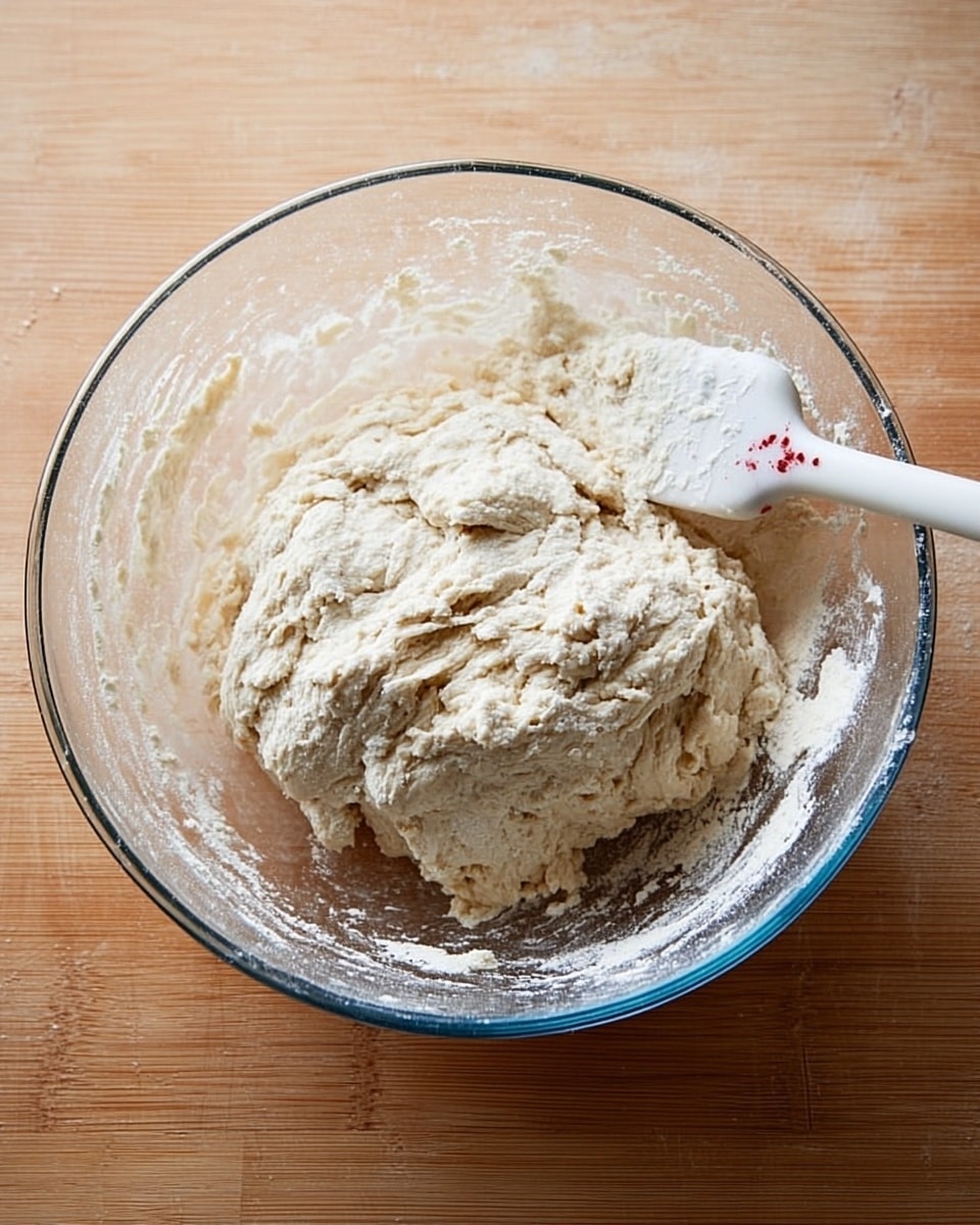 A clear glass bowl filled with a ball of rough, pale dough mixed with flour dusted on top and on the sides of the bowl, resting on a light wooden surface. A white spatula with red speckles rests inside the bowl, partially embedded in the dough from the right side. The texture of the dough looks thick and slightly sticky with folds showing around the edges. The photo is taken from above, showing the mixture and spatula clearly. photo taken with an iphone --ar 4:5 --v 7