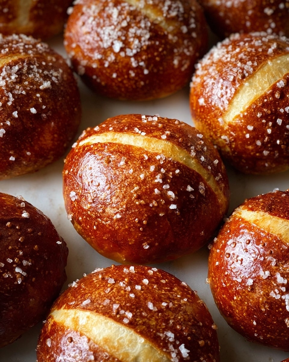 The image shows a close-up of round soft pretzel buns with a shiny, deep brown crust covered in coarse salt. Each bun has one or two shallow slits on top revealing a lighter, soft dough layer underneath the crust. The buns sit close together on a white marbled surface, and the texture of the crust looks firm and slightly crisp with a glossy finish. The salt crystals create a rough texture contrast against the smooth pretzel surface photo taken with an iphone --ar 4:5 --v 7