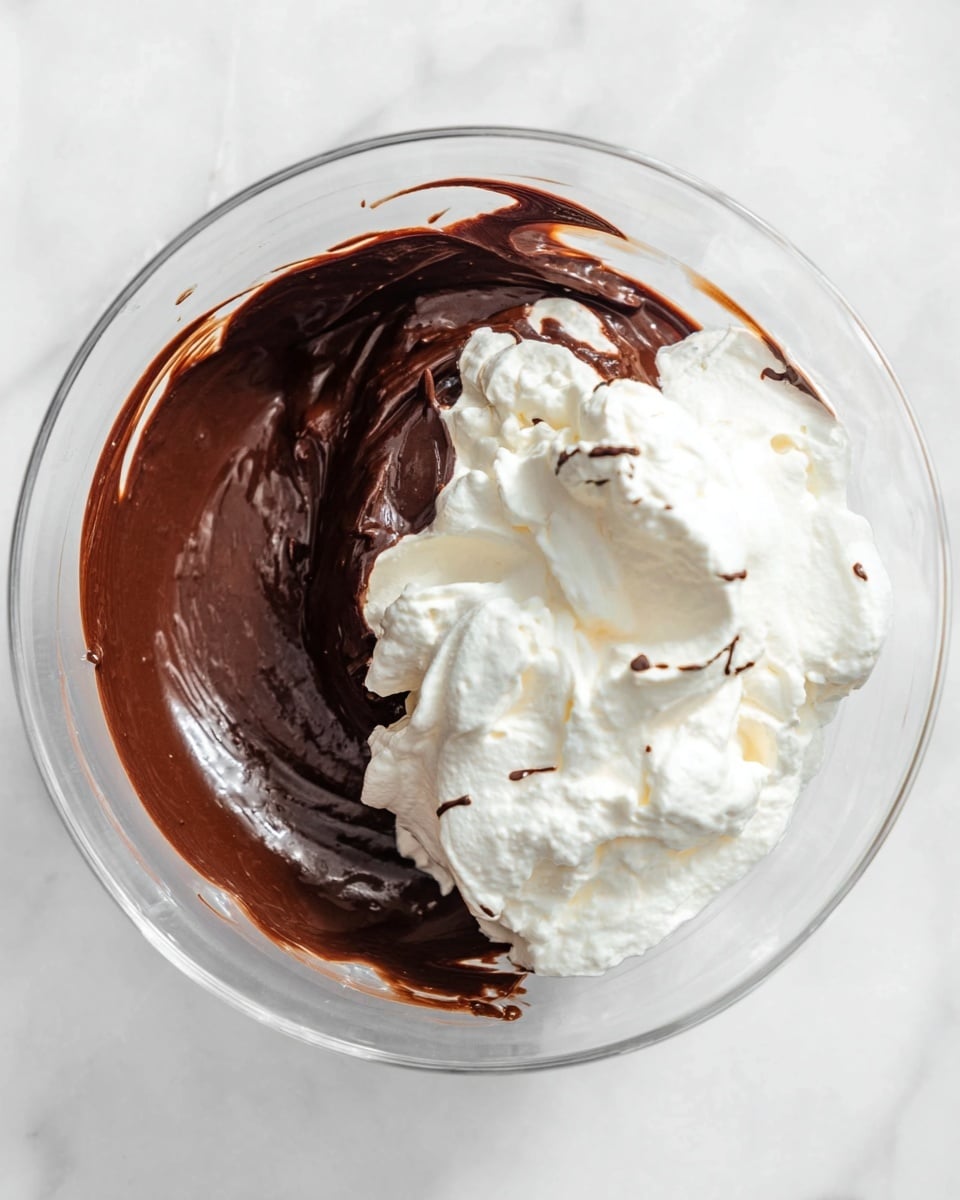 The image shows a clear glass bowl filled with two main layers: a rich, glossy dark chocolate layer on the left side, flowing and slightly mixed at the edges, and a fluffy, white whipped cream layer on the right side, with soft peaks and a few small dark chocolate drizzles on top. The bowl sits on a white marbled surface, and some of the whipped cream touches the edges of the bowl, creating a textured contrast between the smooth chocolate and airy cream. Photo taken with an iphone --ar 4:5 --v 7