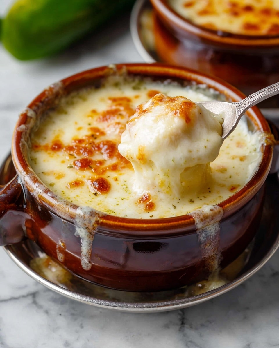 A brown ceramic bowl filled with creamy white soup topped with melted, golden-brown cheese that has a slightly bubbly texture. The soup looks thick and smooth, with small oil droplets on the surface, giving it a rich appearance. A silver spoon scoops up a creamy, cheesy portion from the bowl, showing gooey, melted cheese clinging to it. The bowl sits on a silver tray against a white marbled surface, with a green vegetable slightly visible in the background. photo taken with an iphone --ar 4:5 --v 7
