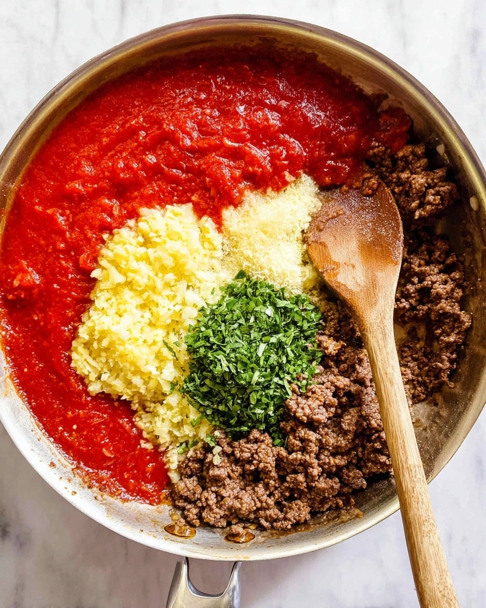 A close-up top view of a large silver pan placed on a white marbled surface, with four main layers clearly visible inside: on the right, browned ground meat with a crumbly texture, on the top left, smooth red tomato sauce, on the bottom center, minced pale yellow garlic, and between the tomato sauce and garlic, a small pile of fresh bright green chopped herbs; a light-colored wooden spoon rests partially dipped in the tomato sauce on the left side of the pan photo taken with an iphone --ar 4:5 --v 7