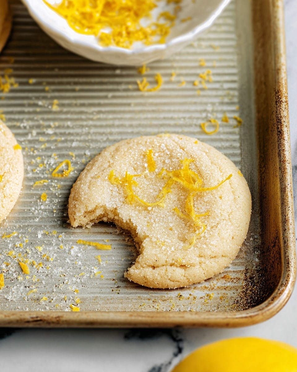 A single round cookie with a soft, light beige color sits on a ridged baking tray, sprinkled with coarse sugar crystals and small bright yellow lemon zest pieces on top. The cookie has a bite taken out of it, showing its slightly crumbly texture inside. Near the cookie, a white bowl holds more of the lemon zest, adding a fresh yellow contrast. To the right, a whole yellow lemon is partially visible. The setting rests on a white marbled surface, enhancing the bright and fresh look of the scene. Photo taken with an iphone --ar 4:5 --v 7