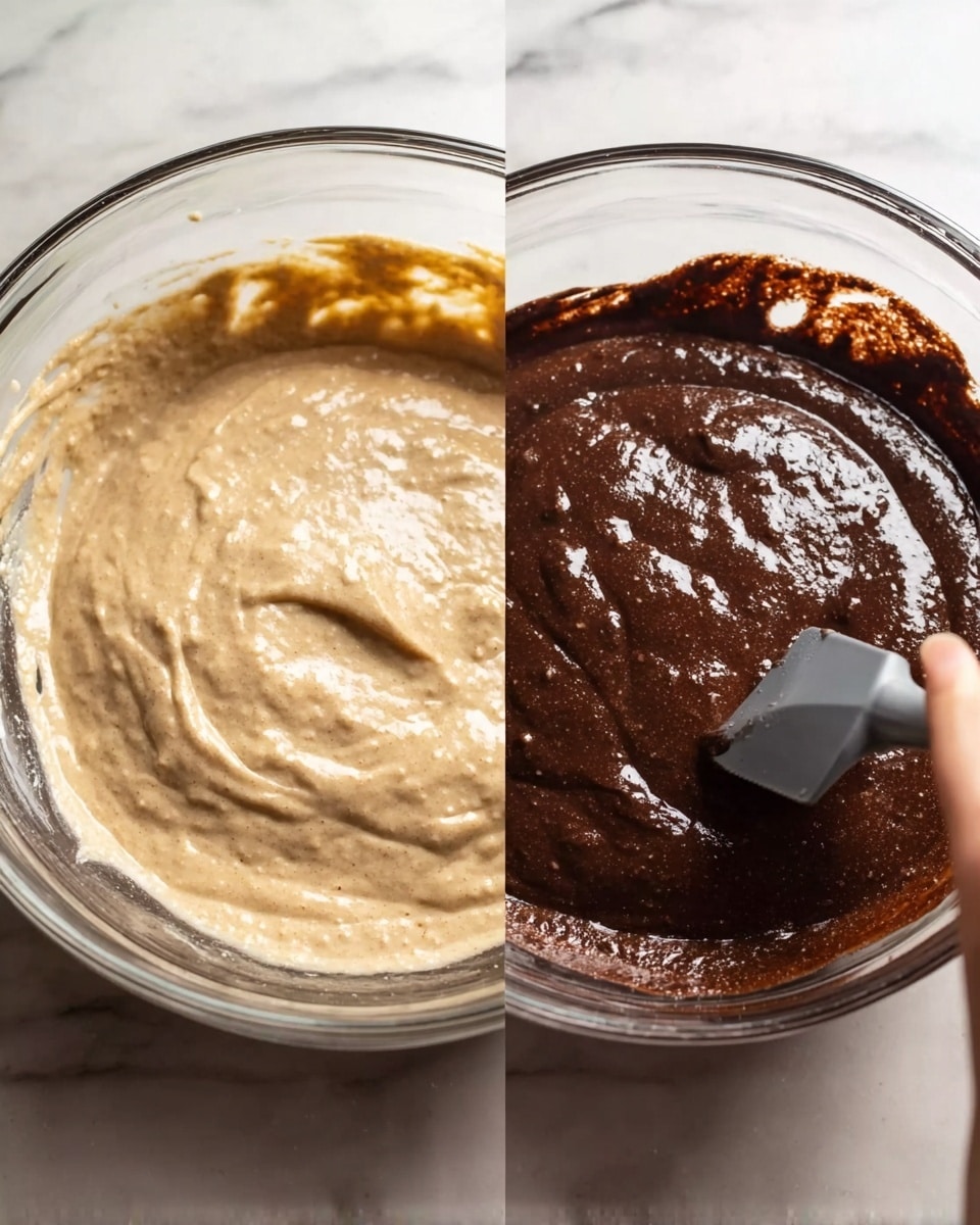 This side-by-side image shows two glass bowls with batter inside. The left bowl contains a thick, creamy batter that is beige in color with a smooth but slightly uneven texture. The right bowl holds a dark brown, chocolate batter with a thick, rich texture and some small bubbles on the surface. A woman's hand is holding a spatula and stirring the chocolate batter on the right side. Both bowls are placed on a white marbled surface. photo taken with an iphone --ar 4:5 --v 7