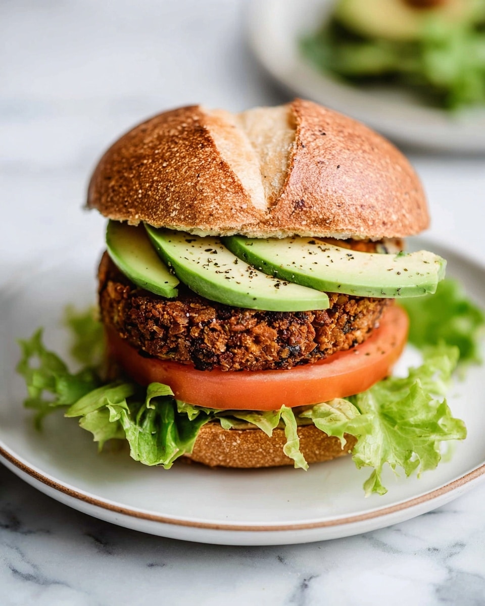A veggie burger sits on a white plate with a white marbled background. The burger has a toasted whole wheat bun with a slightly crispy texture and sesame seeds on top. The bottom bun holds a thick slice of red tomato, followed by fresh green lettuce leaves. On top of the lettuce is a round, textured veggie patty with a mix of brown and red colors. Slices of creamy light green avocado, lightly sprinkled with black pepper, rest on the patty. The top bun leans slightly to the side, showing all the layers. Photo taken with an iphone --ar 4:5 --v 7