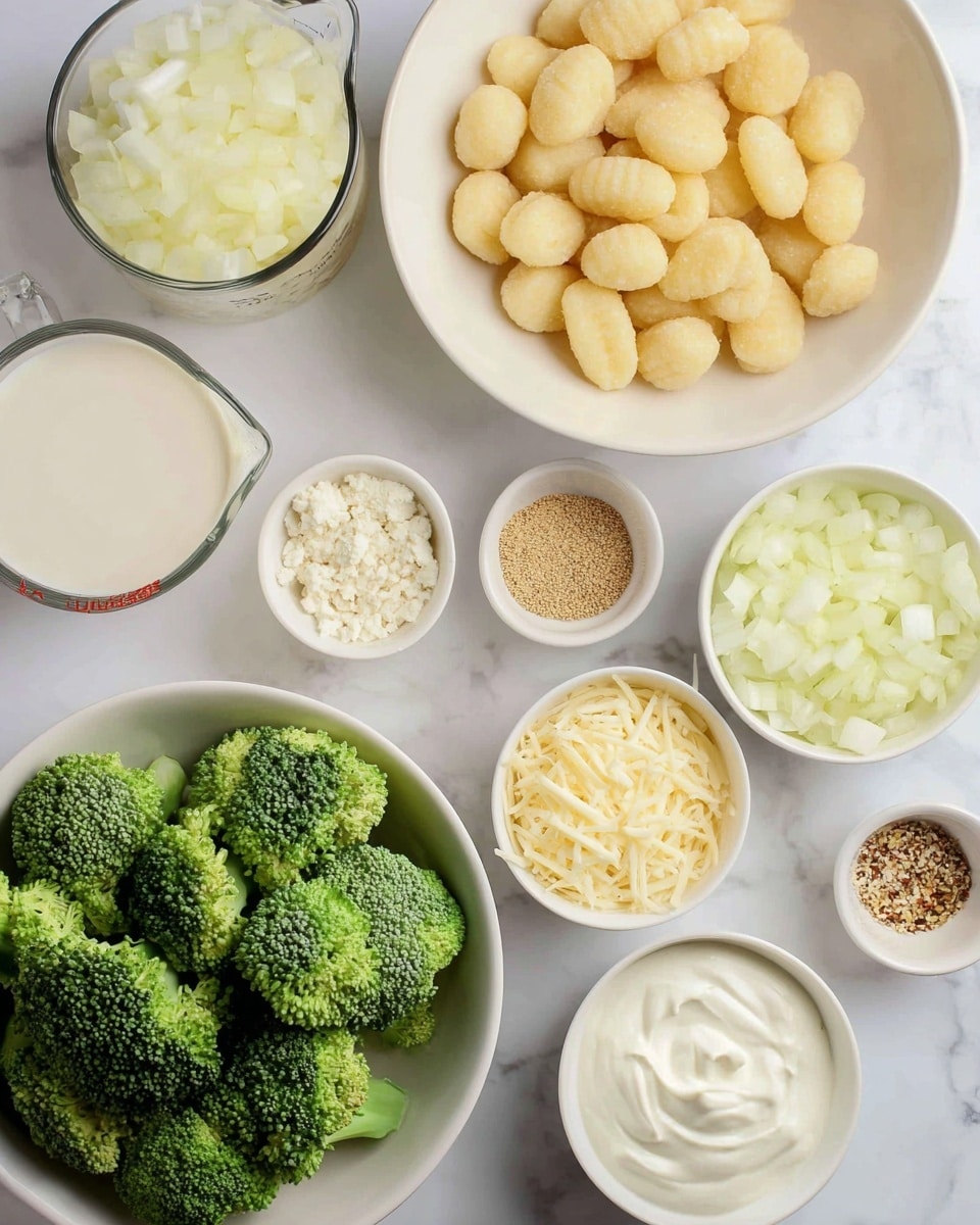 The image shows several white bowls on a white marbled surface filled with different ingredients for cooking. The biggest bowl, on the top left, is filled with light yellow, round gnocchi. To the right side, there is a bowl with small chopped white onions and another bowl next to it filled with fine, pale yellow grated cheese. Below the grated cheese is a larger bowl filled with fresh, bright green broccoli florets. In the middle, there is a small bowl with creamy white sour cream or similar, and next to it is another bowl with crumbled white cheese. Also, a small bowl with coarse mustard seeds and a tiny bowl with light brown dried seasoning are seen. At the bottom left corner, a glass measuring cup contains milk. The setup is neat, bright, and well-lit, emphasizing the fresh ingredients photo taken with an iphone --ar 4:5 --v 7